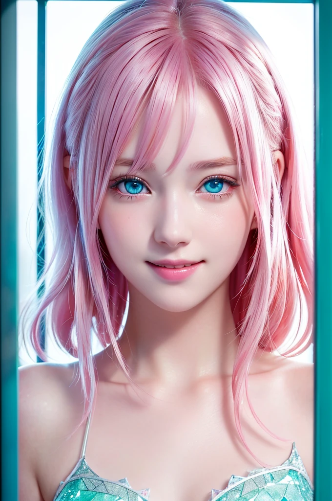 anime girl with blue eyes looking through broken glass window, portrait of a girl, detailed portrait of a girl, RAW photo, beautiful portrait, smooth  cg art, wallpaper 8 k, pink hair, pixie hair, green eyes, cute young girl, (smile:1.1), multiple angle variations