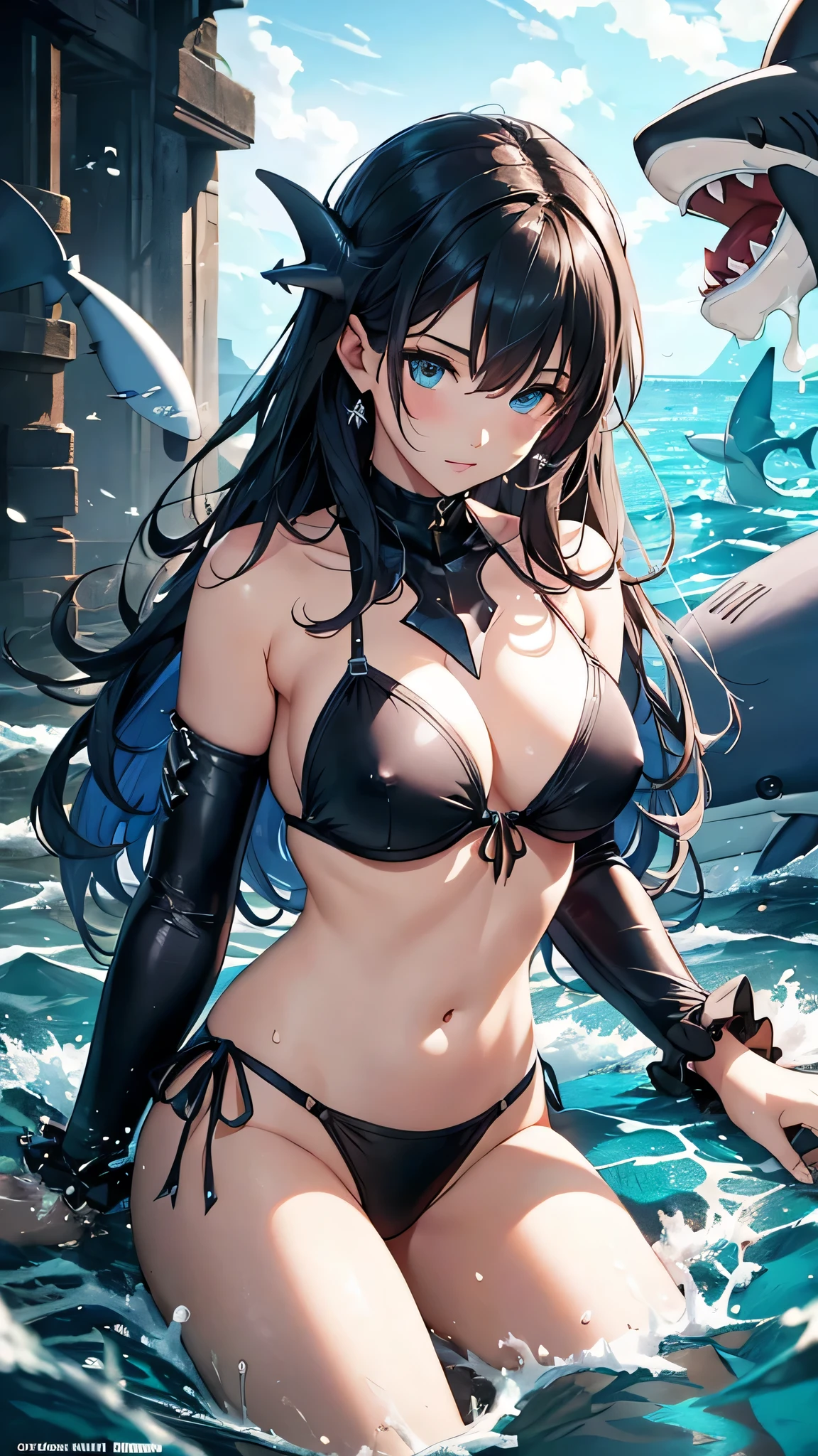 最high quality、Best image quality、masterpiece、With a girl((cute、、Best Bust、Medium Bust、Beautiful Blue Eyes、Spread your chest wide,Black Hair、Disheveled Hair、thin、Highest Valley、Black Bikini(1:2)、My whole body is wet、swim、Sea Floating))high quality、Beautiful art、background((Sea、deep sea、shark)),Tabletop、Exquisite design、Visual Arts、Written boundary depth、Best lighting、Highest detail、8k