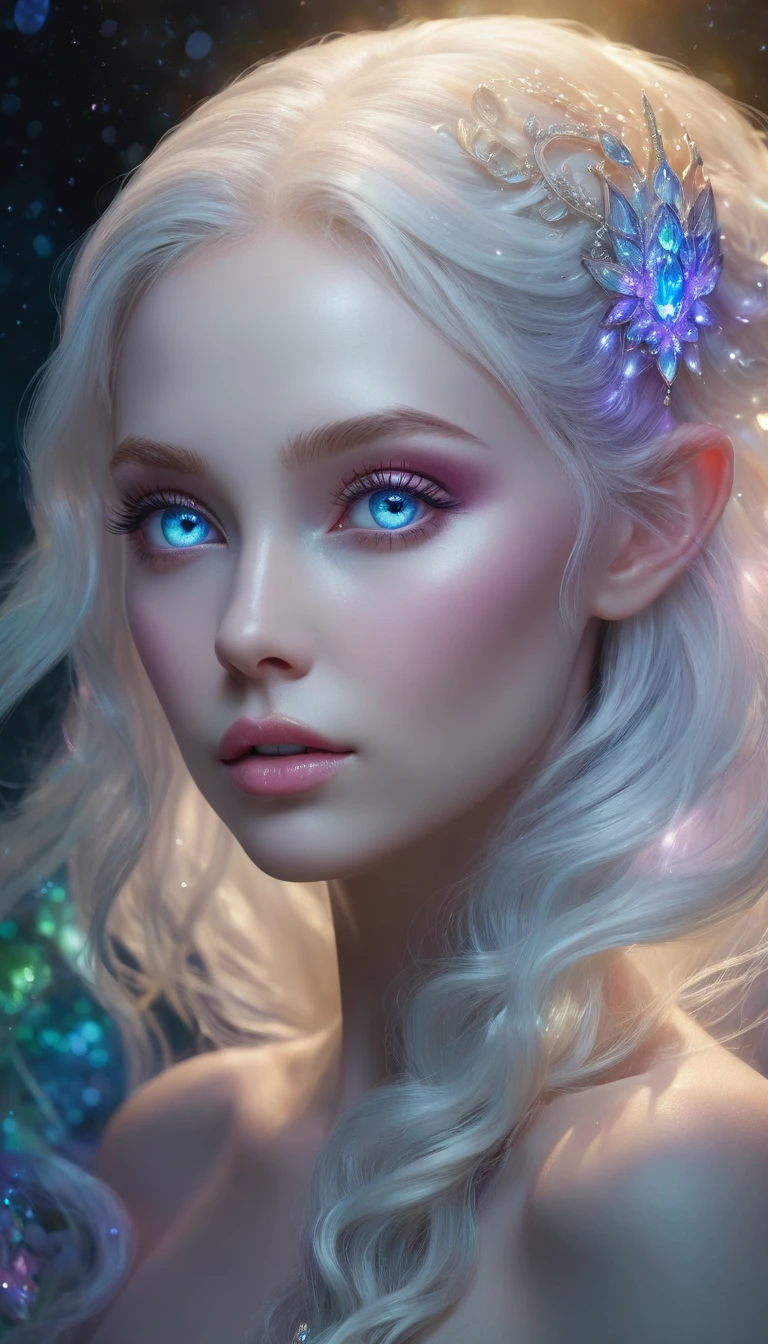 (Best quality,4K,8 K,a high resolution,masterpiece:1.2),ultra detailed,realistic,photo realistic:1.37,"(Best quality,ultra detailed,realistic:1.1),Alien girl made of opal,Transparent skin,beautiful detailed eyes,beautiful detailed lips,Exotic Features,long eyelashes,shiny iridescent white hair,luminous opal accessories,ethereal presence,middle:oil painting,with mystical background,Fairytale landscape,portraits,Dark,contrasting colors,soft,Subtle lighting effects"(nsfv:1.3)