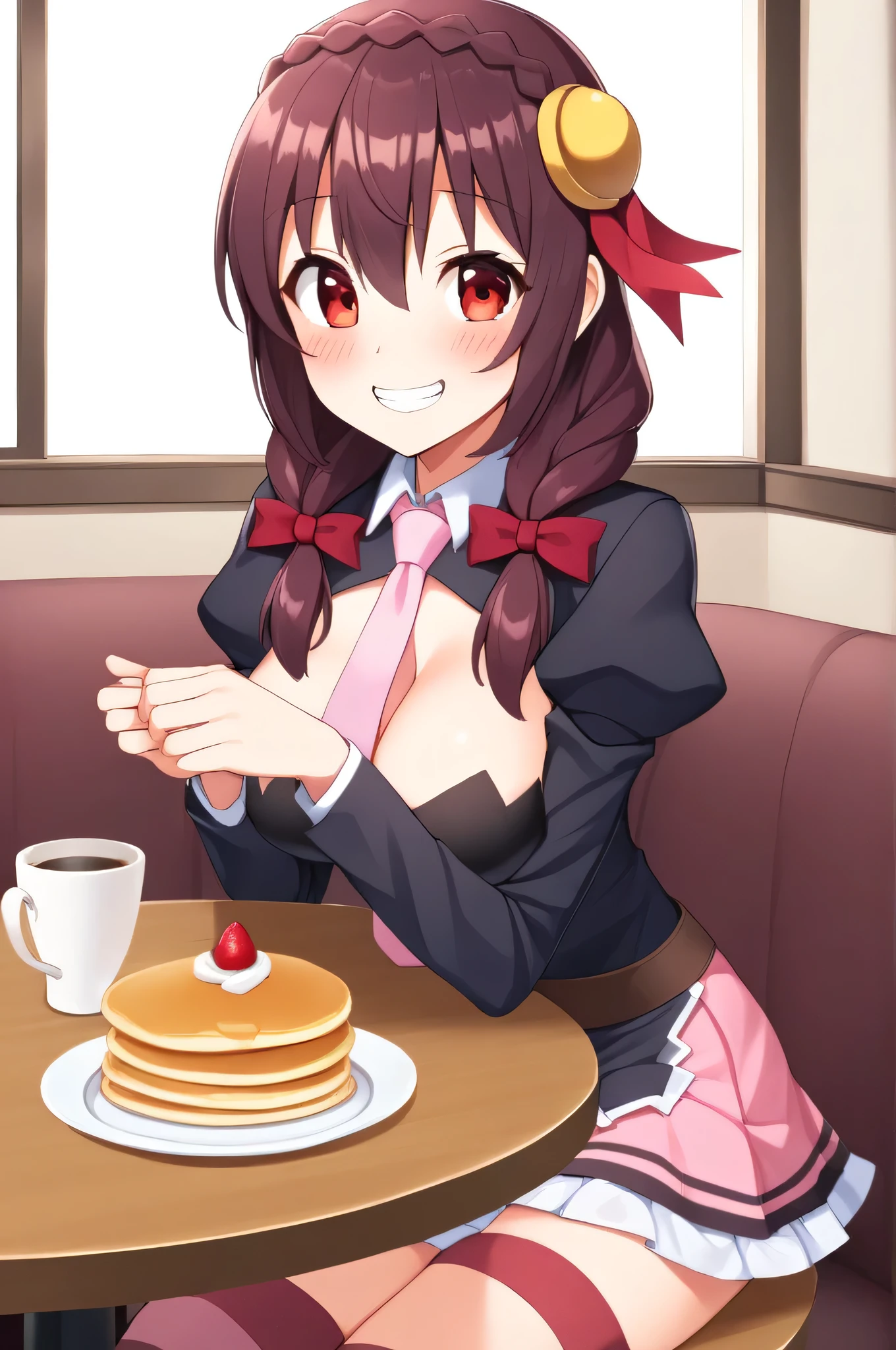 alone, One girl, Yunyun, (Grinning expression:1.5)、(blush:1.3)、 Mouth open、View your viewers, Crown braids of the same color as your hair, Red Eyes、hair ornaments, Hair Ribbon, Pink tie, Long sleeve, Pink Skirt, Knee socks, Cleavage, Sitting on a sofa in a cafe、Pancakes on the table