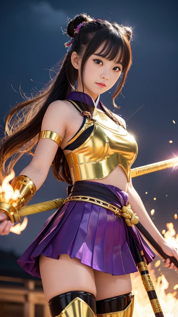 Cute and mysterious idol samurai girl、whole body、Good style、、、、、、、、、、Thick legs、、Gold and shiny purple armor mini kimono（Spiral Print）、Neat and clean idol face、、、Night of Fire、Has a Thunderstorm Spear