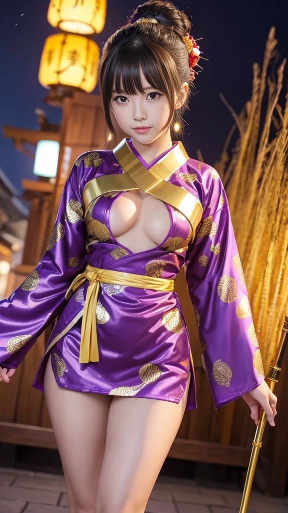 Cute and mysterious idol samurai girl、whole body、Good style、、、、、、、、、、Thick legs、、Gold and shiny purple armor mini kimono(Spiral Print)、Neat and clean idol face、、、Night of Fire、Has a Thunderstorm Spear