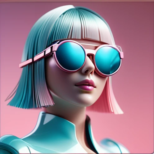 3D illustration of upper body and face of artificial intelligence model wearing futuristic glasses, Stylish glasses with tassels，Gradient background, Pastel color palette, pink blue, Simplicity, cold metallic textures, Surrealism,