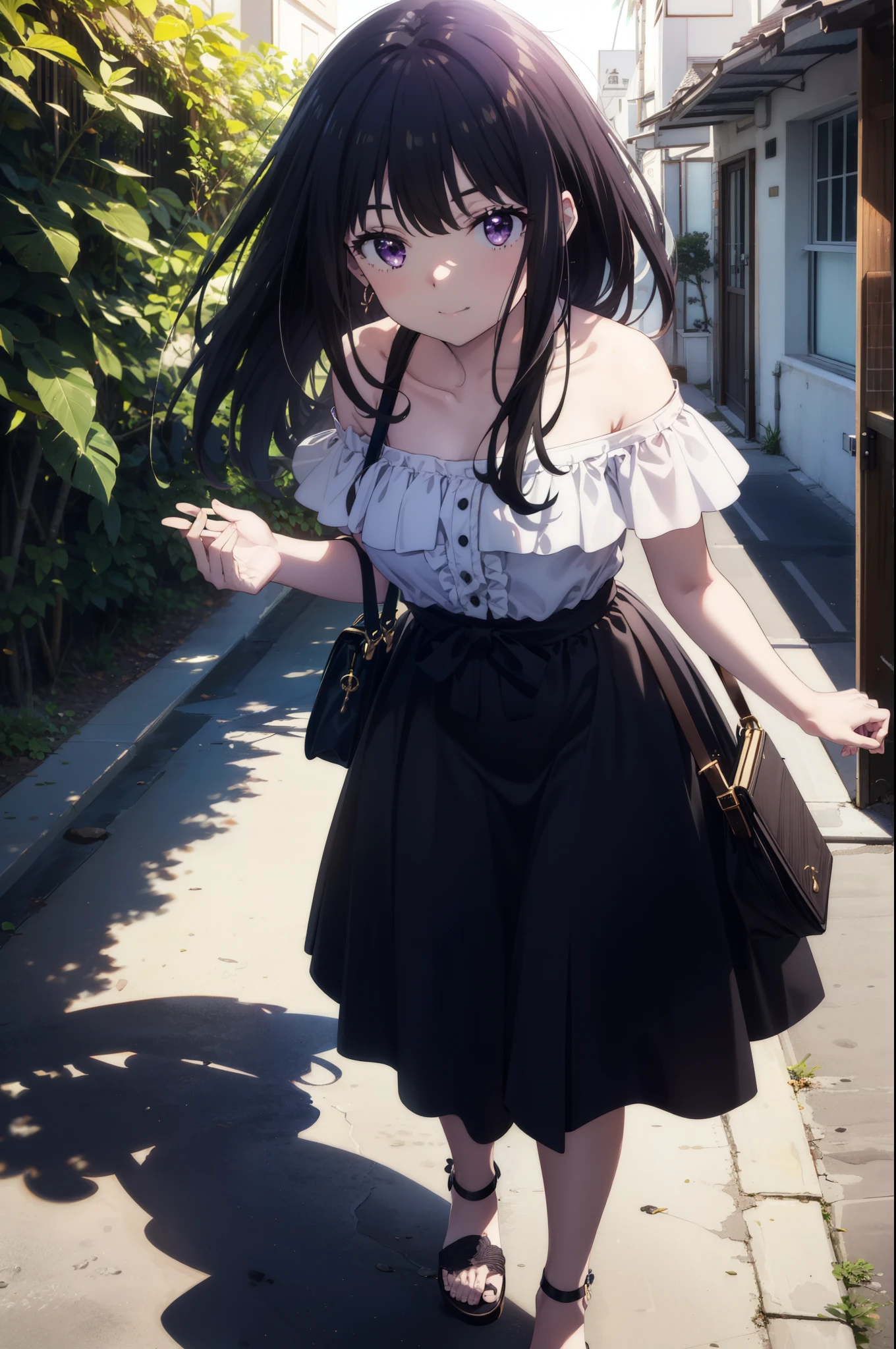 Takiuchikami,Long Hair, bangs, Black Hair, (Purple eyes:1.2),Blue off-the-shoulder dress,Long skirt,Heeled Sandals,Daytime,sunny,Palm tree,Walking,smile,blush,whole bodyがイラストに入るように,
break outdoors, tropical,Coastal Road,
break looking at viewer, whole body,
break (masterpiece:1.2), Highest quality, High resolution, unity 8k wallpaper, (shape:0.8), (Beautiful attention to detail:1.6), Highly detailed face, Perfect lighting, Highly detailed CG, (Perfect hands, Perfect Anatomy),