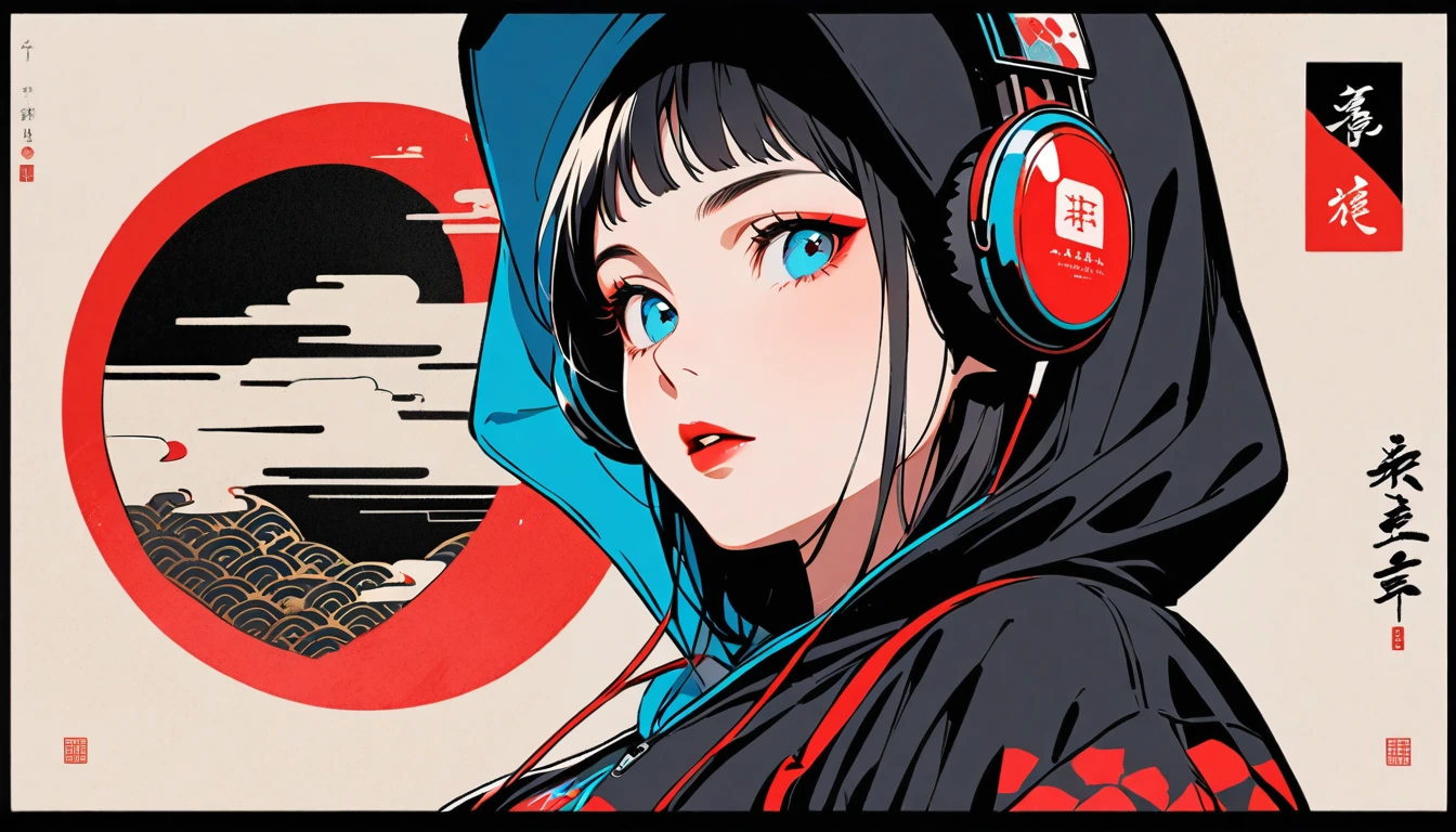 (((Ink Painting))), Fashion portrait color photos, (((from below))), (((Flashy makeup))), (((Japanese style headphones))), (((Japanese pattern hoodie))), (((Put on the hood))), Japan人の美少女, Black Hair, Delicate and precise, Modern ukiyo-e style,Japan, Japanese flag, red and blue neon