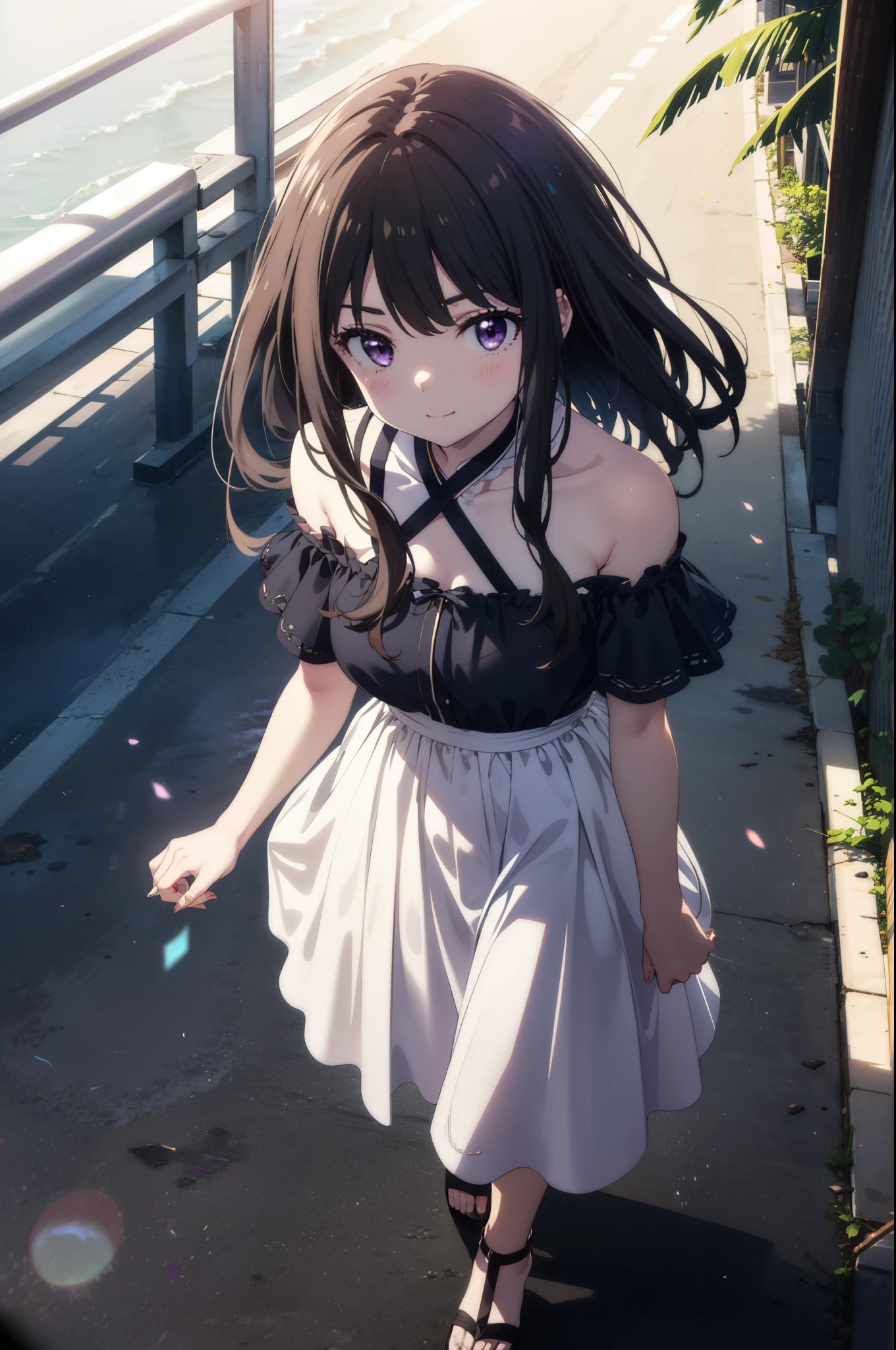 Takiuchikami,Long Hair, bangs, Black Hair, (Purple eyes:1.2),Blue off-the-shoulder dress,Long skirt,Heeled Sandals,Daytime,sunny,Palm tree,Walking,smile,blush,whole bodyがイラストに入るように,
break outdoors, tropical,Coastal Road,
break looking at viewer, whole body,
break (masterpiece:1.2), Highest quality, High resolution, unity 8k wallpaper, (shape:0.8), (Beautiful attention to detail:1.6), Highly detailed face, Perfect lighting, Highly detailed CG, (Perfect hands, Perfect Anatomy),