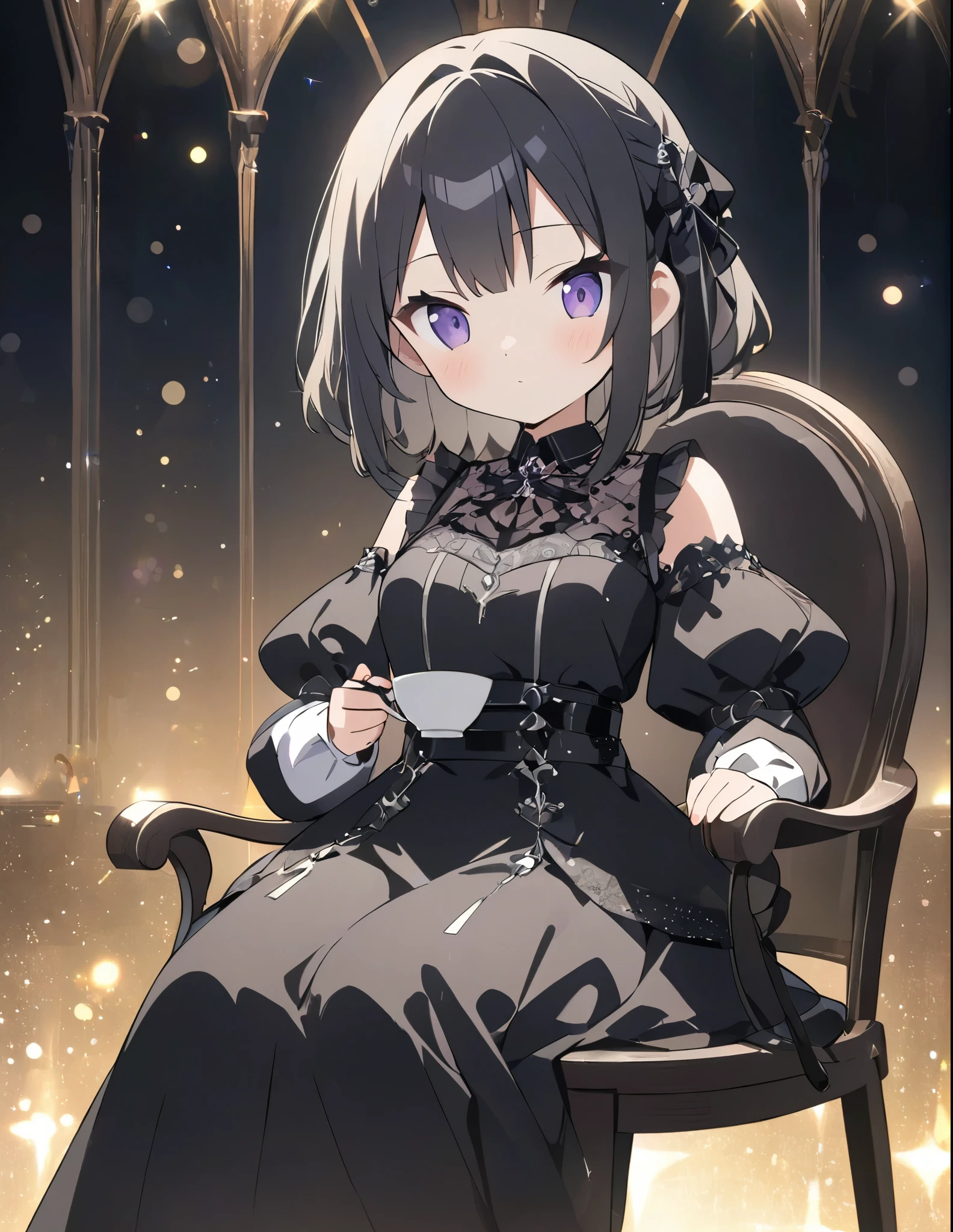 (anime style:1.4),超High resolution, Attention to detail, high quality, High resolution, 最high quality, 4K, 8K、Bokeh, background, glitter,f/28mm、A room filled with light、Gothic dresses、Gothic room、Sitting in a chair drinking tea、Lady