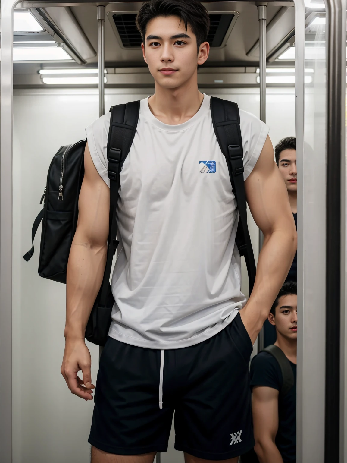 1 person,A 20-year-old man in the subway,Standing in a subway car,Ultra-flat head,White skinny sleeveless T-shirt,Wear yours with grey micro shorts,huge bulge, leg apart,musculous,Handsome,Look at your phone,Wear AirPods,Wear an Apple Watch,Sport backpack,white short socks,White sneakers,pervert smirk,exhilarated,full bodyesbian,Exposing thighs,Expose calves,Thick leg hair,In crowded subway cars,gentlesoftlighting,tmasterpiece,best qualtiy,8K UHD,digital SLR camera,filmgrain,Fujifilm XT3 Realistic painting art,Written by Midjourney and Greg Rutkowski