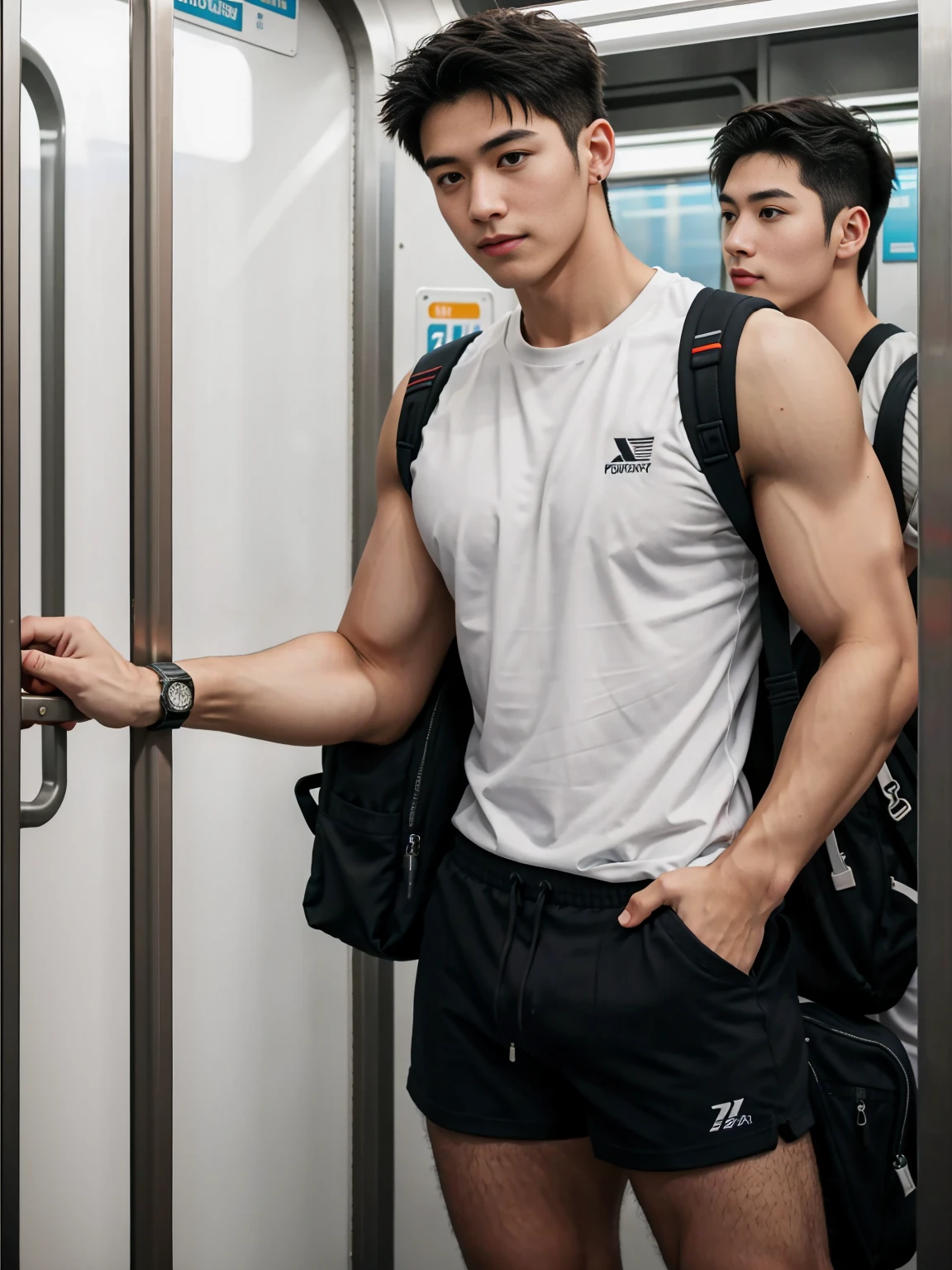 1 person,A 20-year-old man in the subway,Standing in a subway car,Ultra-flat head,White skinny sleeveless T-shirt,Wear yours with grey micro shorts,huge bulge, leg apart,musculous,Handsome,Look at your phone,Wear AirPods,Wear an Apple Watch,Sport backpack,white short socks,White sneakers,pervert smirk,exhilarated,full bodyesbian,Exposing thighs,Expose calves,Thick leg hair,In crowded subway cars,gentlesoftlighting,tmasterpiece,best qualtiy,8K UHD,digital SLR camera,filmgrain,Fujifilm XT3 Realistic painting art,Written by Midjourney and Greg Rutkowski