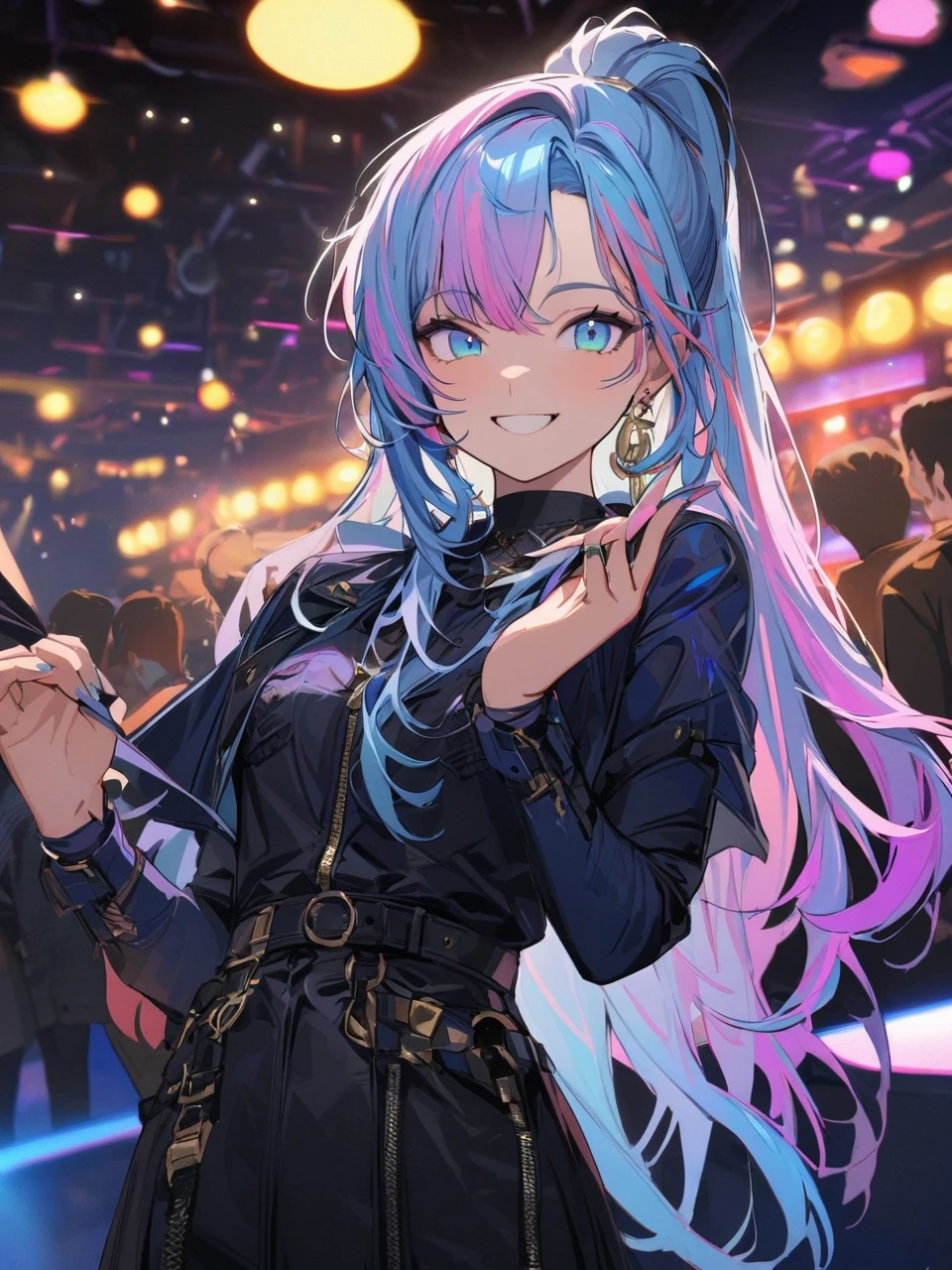 (masterpiece), (((best quality)), (Super detailed), 1 girl, (iridescent hair, colorful hair, half blue half pink hair: 1.2), 17 years old, (yukexista: 1.2), outdoor, Bangs, Smile, sky blue eyes, perfect hands, perfect hands, Hand details, Correct fingers. earrings, Nightclub + background, watching_exist_audience, Cowboy shooting, top quality, Rich details, Perfect image quality,