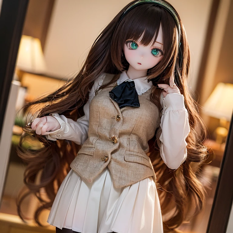 (SFW:2), photorealistic, realistic photo, 8k, ((highest quality)), ((masterpiece)), (extremely detailed), kukolnydom, doll, (mature woman, 21yo, 21 years old, solo:1.6), ((cowboy shot, stylish pose, slim, slender, skinny, medium breasts, hairband, ascot, vest, blouse, long puff sleeves, pleated skirt, black pantyhose)), (green eyes, brown hair, long hair, plastic skin, looking at another, glass eyes, gradient eyes, shining eyes, detailed eyes:1.3)