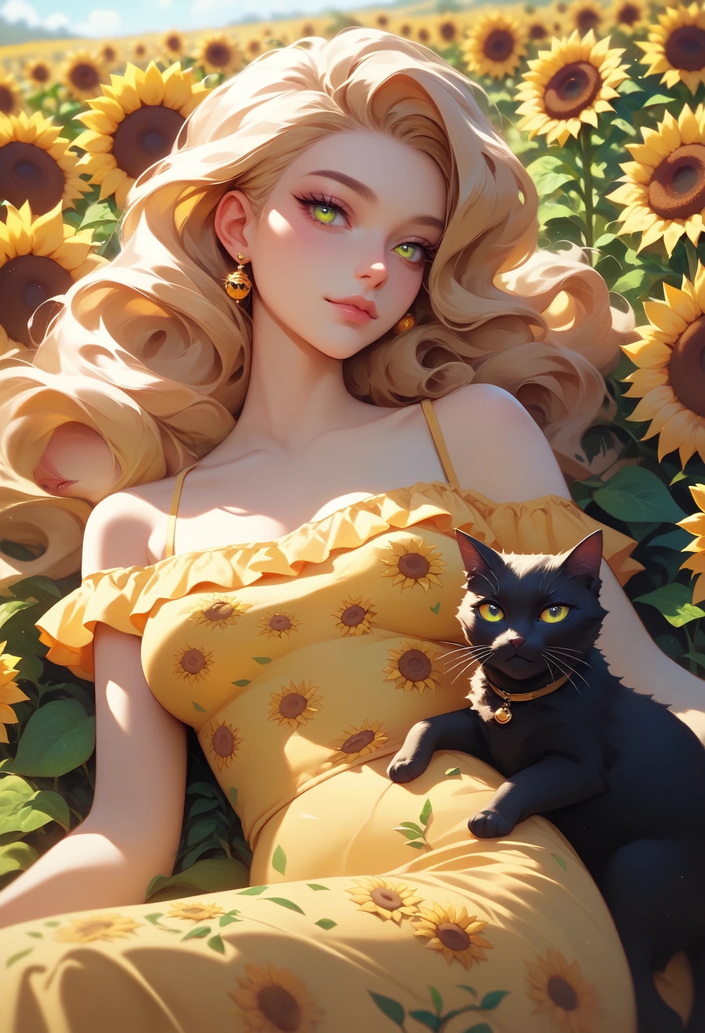 Art prints of black and，A cold black cat，With vibrant eyes，Lounging on a sunflower field under a golden sunse fur blends seamlessly with the flowers，Creates a combination of warm tones and organic textures，Imaginative printmaking style