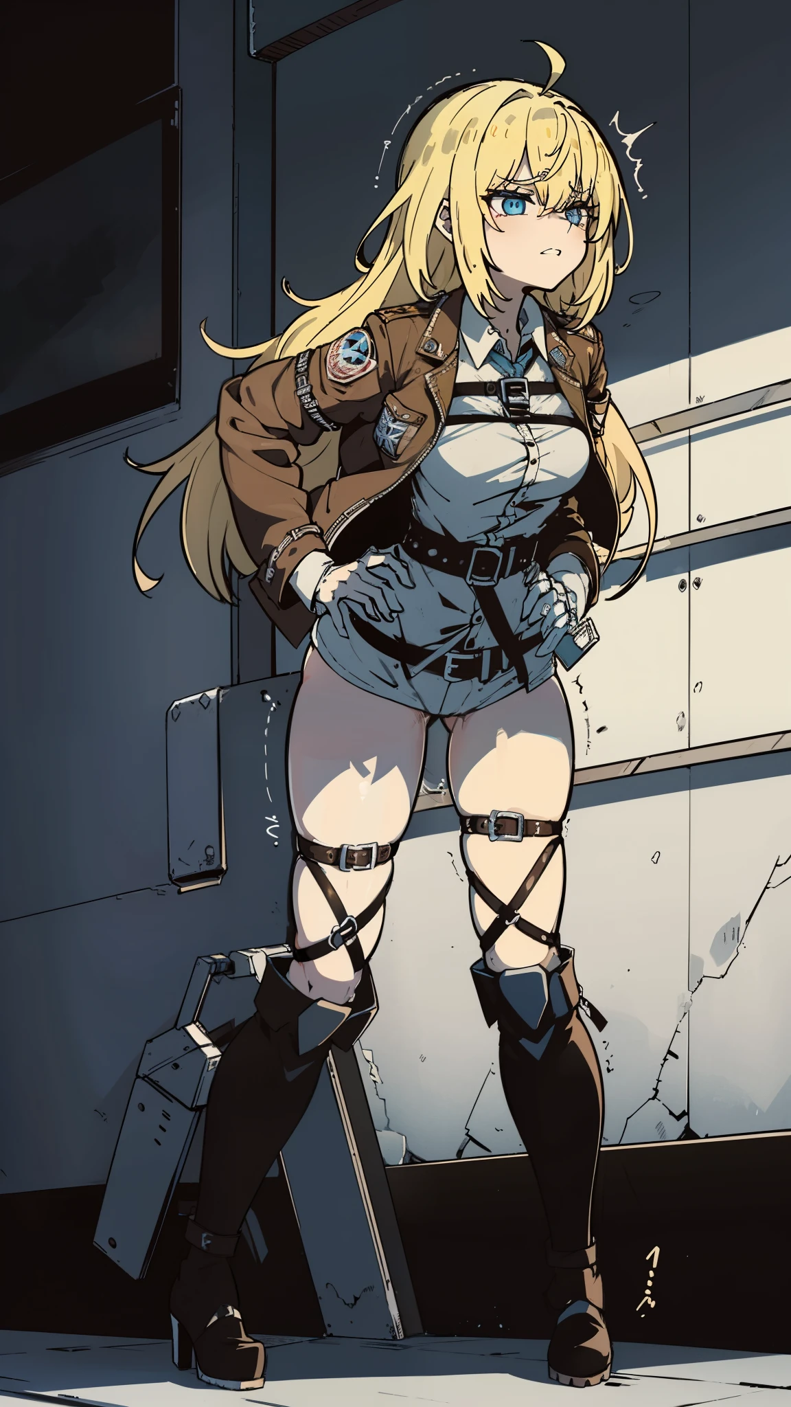 (nsfw), Ah Style, Attack on Titan, Krista Lentz, One girl, belt with a prominent buckle, Blonde hair with blue eyes, Brown leather boots and brown pants, Chest belt with a diamond-shaped buckle, Collared shirt, Floating hair that often covers her left eye, Seen from the side, Whole body is visible against a gray background, She has hair falling between her eyes and places her hands on her thighs, Long hair that reaches her waist, Long sleeves on her white shirt, Her future outlook is unclear, She looks at herself with her lips parted, Wearing black shoes with straps that go over her thighs, She's