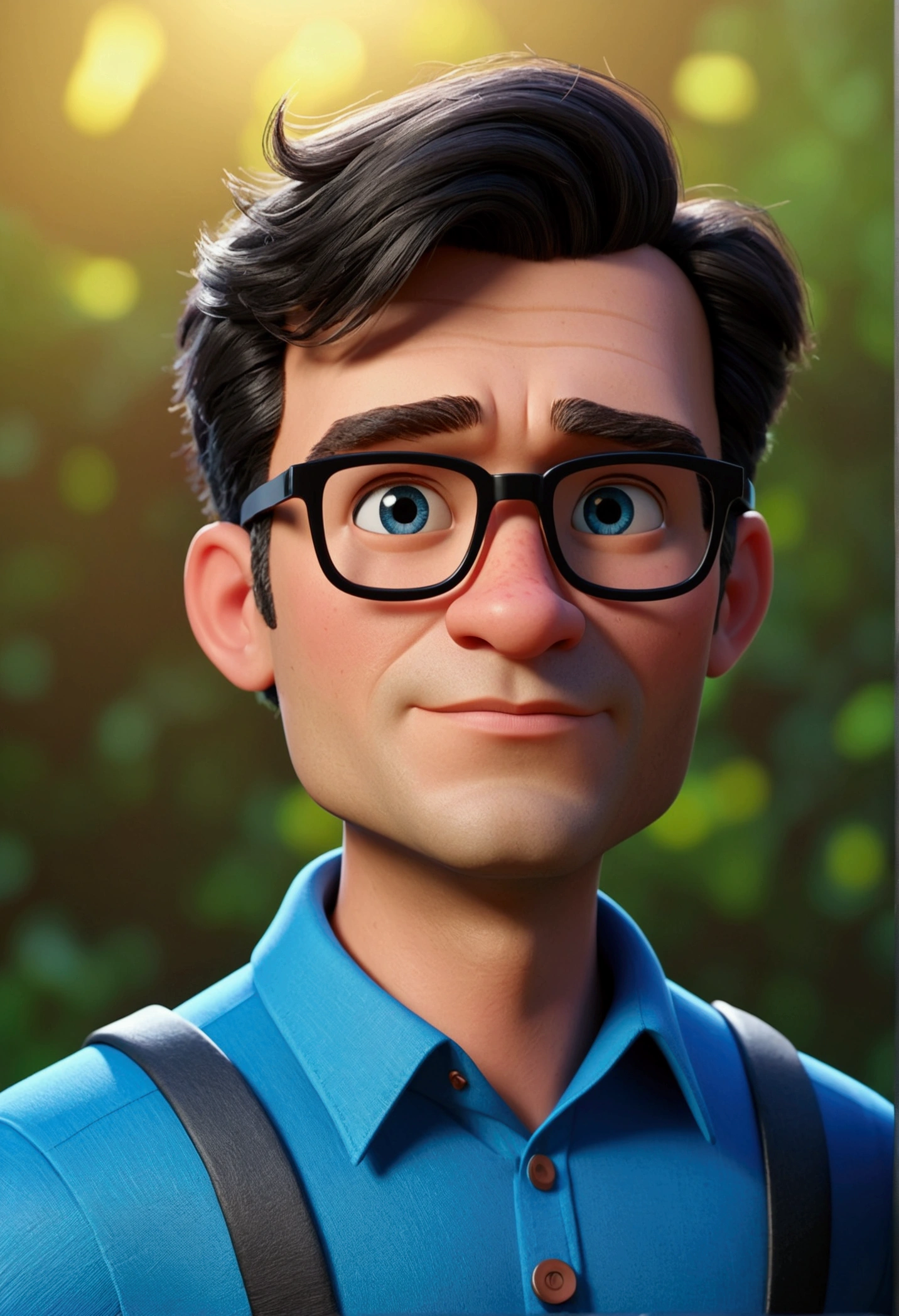 Cartoon character of a man in black glasses and blue shirt, animation character, stylized character, animation style rendering, 3d stylized, Arnold Maya rendering, Stylized 3D rendering, toon render screenshot, 3d character, 3d character, Stylized 3D rendering, 3D character rendering, cartoon character, Personagem de close up, character posing,  (Pixar-style) (master part:1.2) (bokeh) (best qualityer) (skin detailed) (detailed texture) (8k) (Argilla) (cinematic lighting) (sharp focus