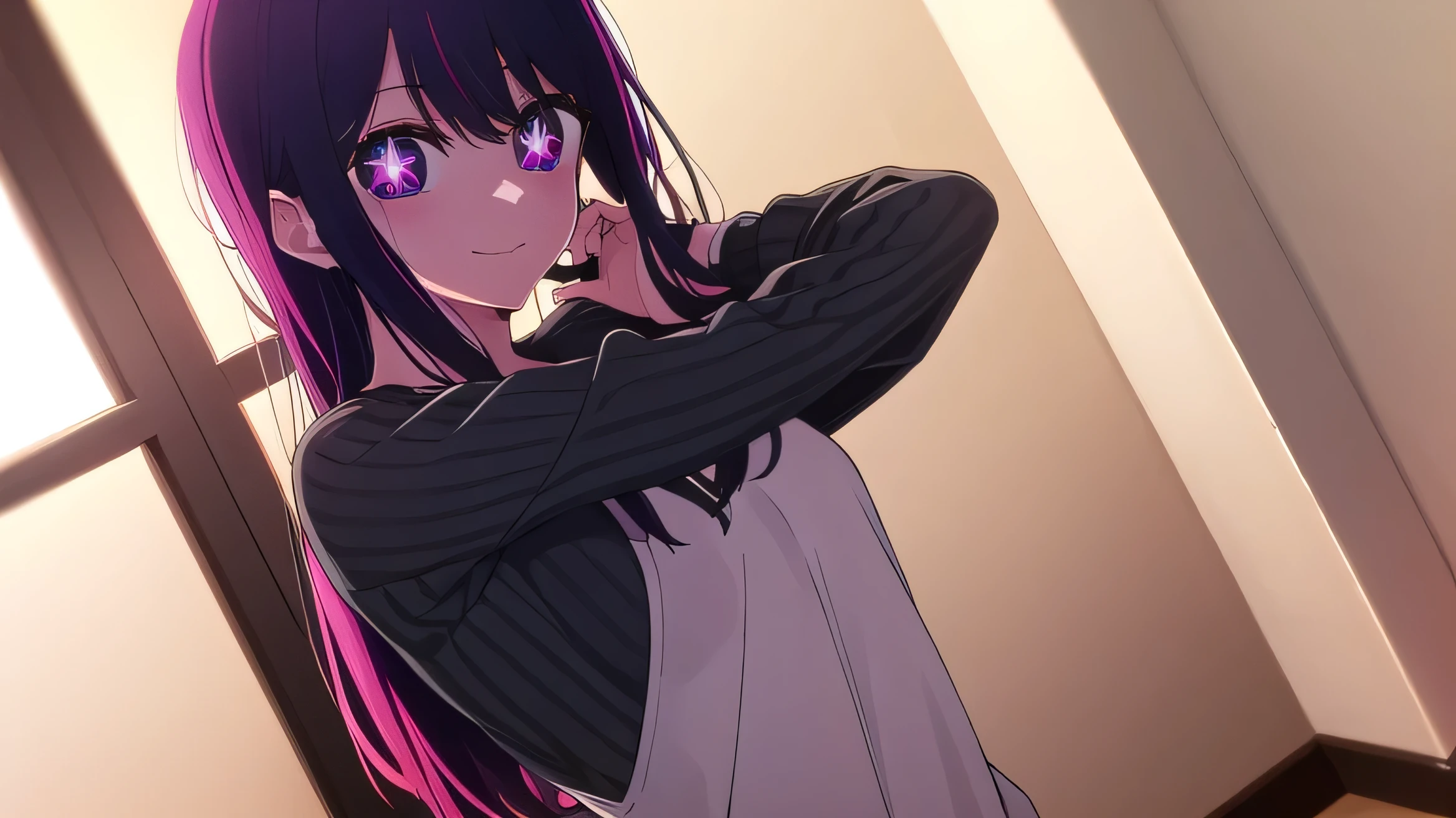 aihoshino, Ai Hoshino, Long Hair, bangs, (Purple eyes:1.1), Purple Hair, (Symbol-shaped pupil:1.5), smile,
break long sleeves, sweater, ribbed sweater, camisole, white camisole,
break indoors,
break looking at viewer, (Cowboy Shot:1.5),
break (masterpiece:1.2), Highest quality, High resolution, unity 8k wallpaper, (figure:0.8), (Beautiful attention to detail:1.6), Highly detailed face, Perfect lighting, Highly detailed CG, (Perfect hands, Perfect Anatomy),