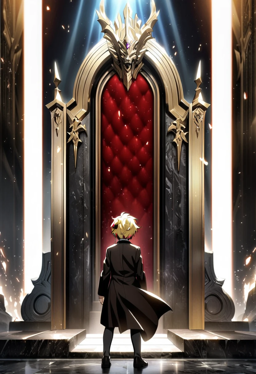 1 small boy, 7 years old,stand with back,Blonde hairstyles,full body angle,Legendary pictures,In front of him was an empty throne.,Not too luxurious