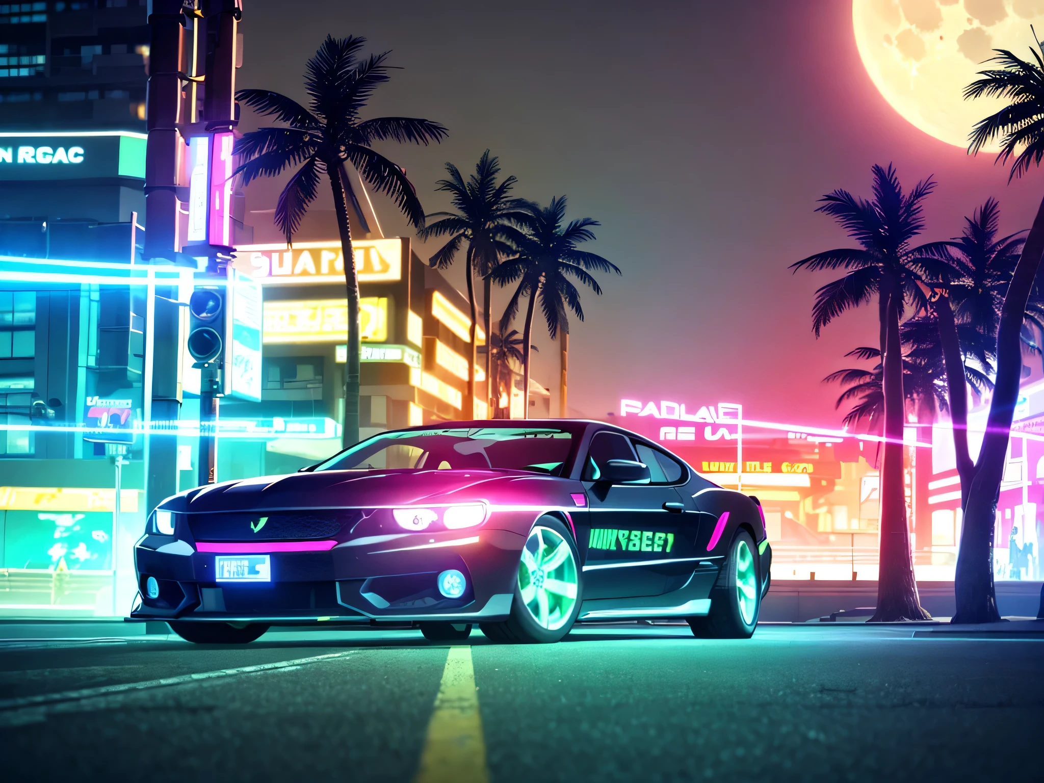 (masterpiece, detailed, high resolution:1.4), 1car, retrowave moon, yacht, open wet road, transformer, cyberpunk, cyberpunk 2077, lucy, cyberpunk night city neon background, sea, beach, palm trees, green-blue glitch effect, violet-pink neon glow, fluorescent yellow, light green, purple, mint