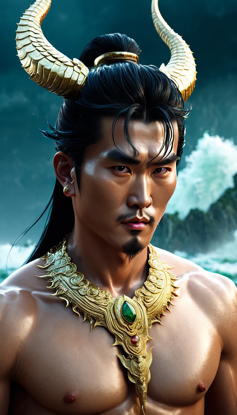 Extremely detailed close-up portrait, modeled after the legend of the Vietnamese god Lac Long Quan, taken from the waist up. The face of the god is a combination of modern handsomeness, combining the highlights of Thai, Korean and Hong Kong movie stars. A handsome face with strong features, sharp eyes shining with supernatural power, seeing through the human heart. Long, flowing black hair with interwoven shimmering scales. Majestic dragon horns protrude from the forehead, curved and shiny. Muscles rippling with supernatural power, skin with a texture like delicate dragon scales. Wearing an exquisite gold necklace decorated with gemstones that glow with an inner light. In his hand, he holds an ancient, unusual weapon - perhaps a trident or a sword - radiating mystical, mythical energy. The God Lac Long Quan stands tall and majestic, a colossal figure of divine presence and supreme power of the Vietnamese people. His posture exudes power and confidence, dominating the frame, dominating the dark, chaotic world. Behind him, a stormy seascape with huge waves crashing violently, the sky is dark and ominous, filled with swirling storm clouds and lightning. The entire scene conveys a sense of his epic scale and divine power. Rendered in a surreal digital art style with dramatic lighting to enhance the intense atmosphere and highlight Lac Long Quan's divine appearance. The image emphasizes the contrast between the calm, powerful demeanor of the god Lac Long Quan and the chaos of the elements around him that have been conquered and subdued.