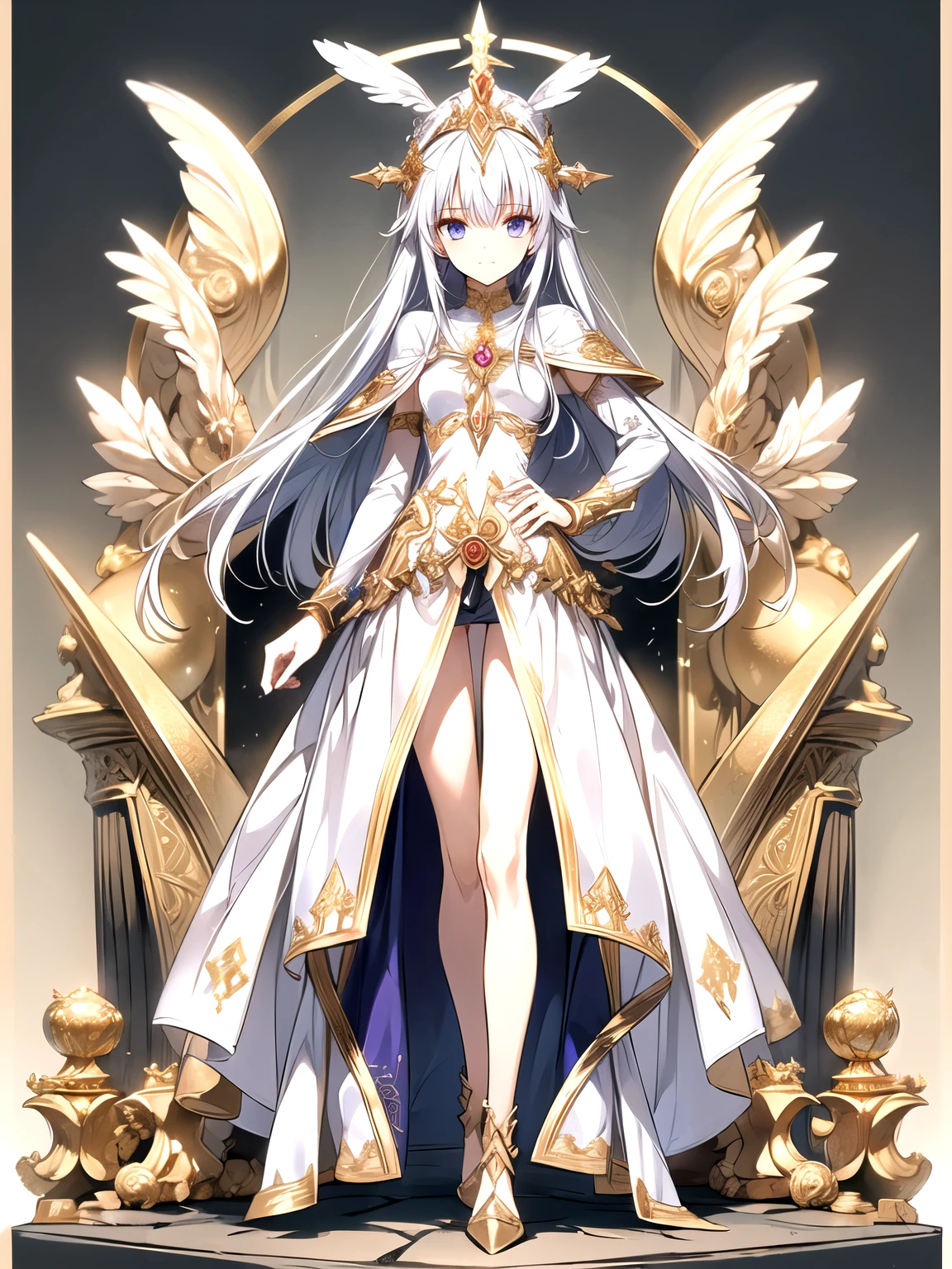 (crystal artifact), (metallic accessory), (exotic priestess), (gold embroidered garment), (sharp thong)(highleg), narrow constricted waist, small hips, (dark color)eyes(highlights), slender legs, fantasy, mythical altar, (stone sculpture)encrypting