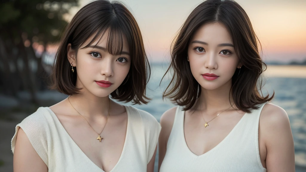 (Highest quality、High resolution、masterpiece:1.3)、Tall and pretty woman、Big ample breasts、Dark brown hair,Scattered wavy、Medium Breast、Wear a pendant、abdomen、Short pants、(Background coast)、Exquisite expression of facial and skin texture details、Detailed eyes、double eyelid、A light smile、Upper Body、Short fine hair、Starry Sky、Put your arms behind your head、Saggy eyes、
