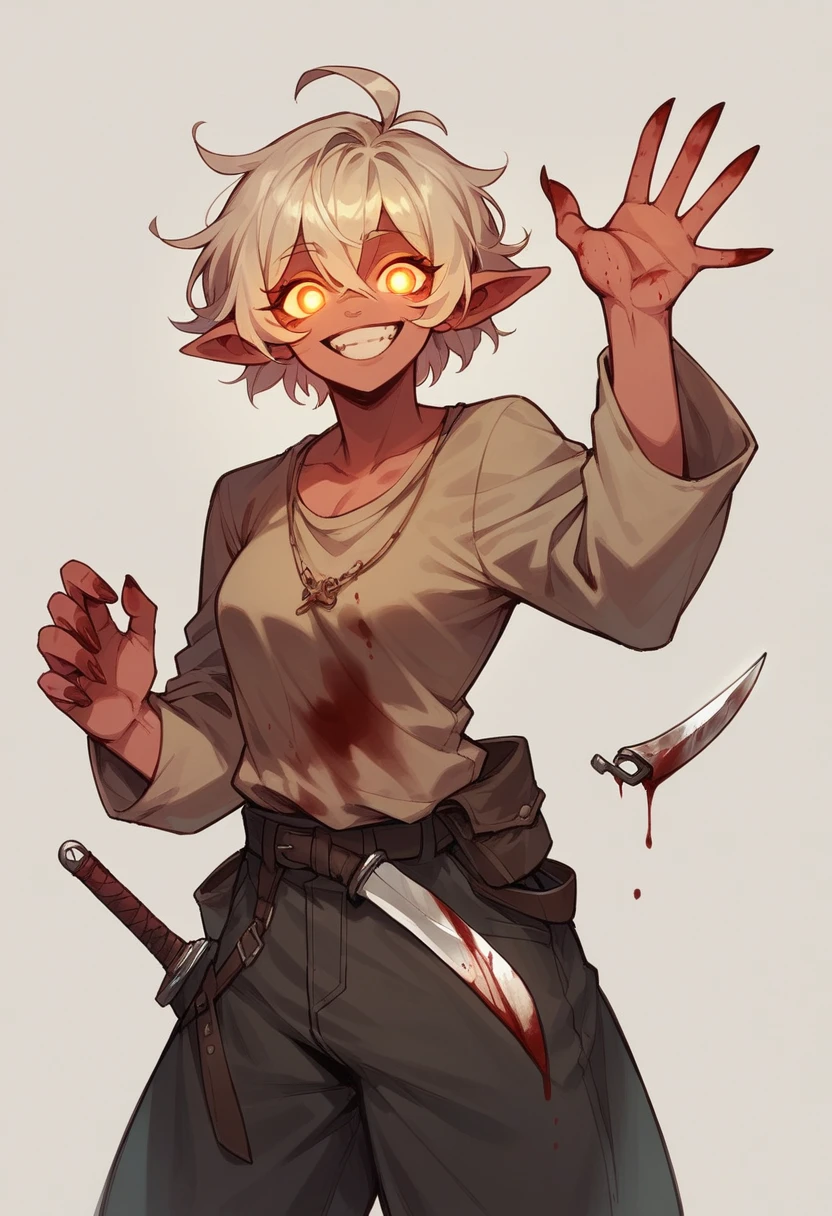 Mimic girl, glowing eyes, smiling, waving with the right hand, holding a knife with the left hand, blood on her face