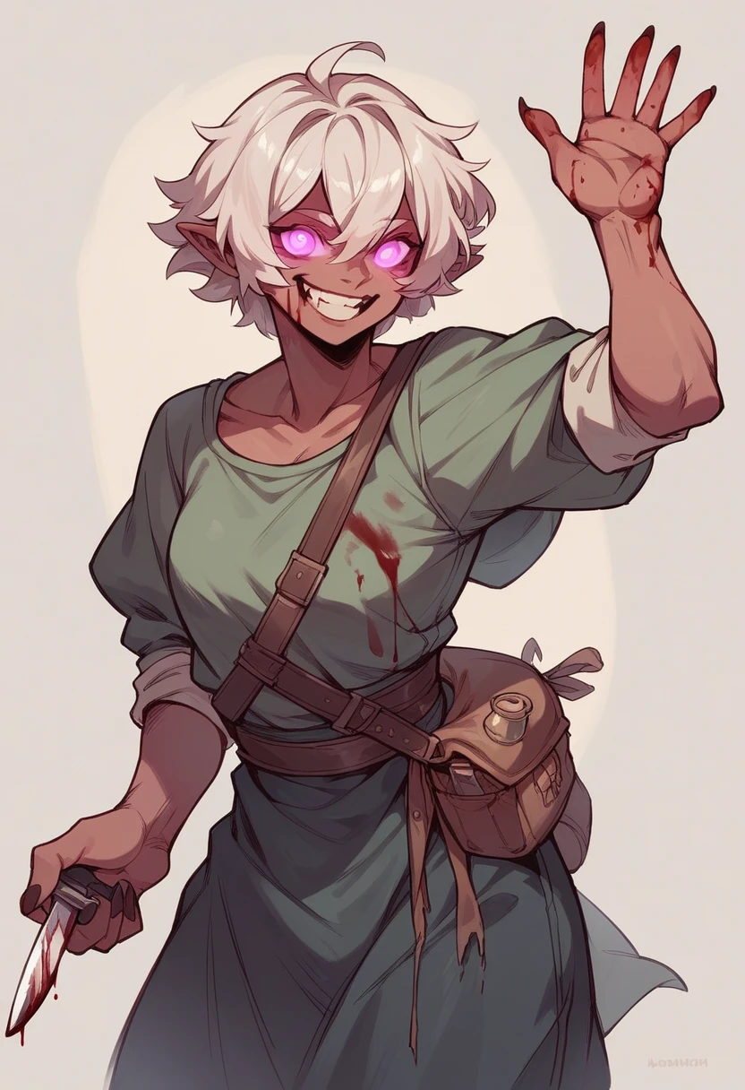 Mimic girl, glowing eyes, smiling, waving with the right hand, holding a knife with the left hand, blood on her face