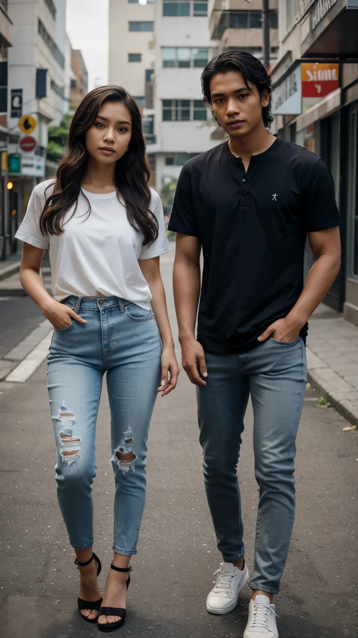 an Indonesian man and an Indonesian woman standing next to each other, an image, inspired by Adam Dario Keel, which is trending in the cg community, a handsome young Indonesian man with a beautiful young Indonesian woman with wavy hair, a man dressed in a shirt with shoes and a woman dressed in a shirt and highwaist skinny jeans and heels. singer, movie screencap, model elisajes from acquamodels
