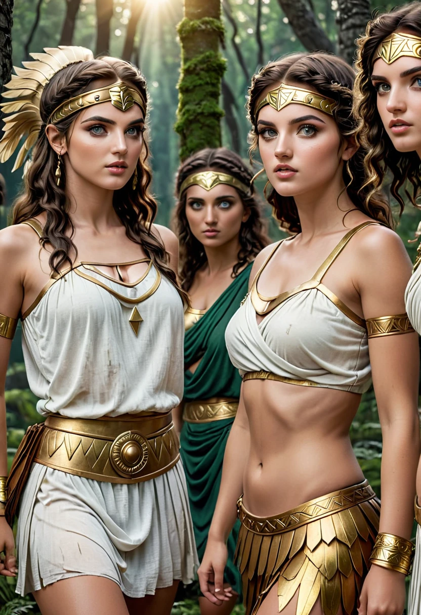 beautiful detailed eyes, beautiful detailed lips, extremely detailed eyes and face, longeyelashes, 5 girls looking flirty to camera, ancient greek warrior, durchtrainierte Bauchmuskeln, women in togas, diferent Hair Collor and styles, forest background, sandals, sexy, (best quality,4k,8k,highres,masterpiece:1.2),ultra-detailed,(realistic,photorealistic,photo-realistic:1.37), concept art, dramatic lighting, vibrant colors, cinematic