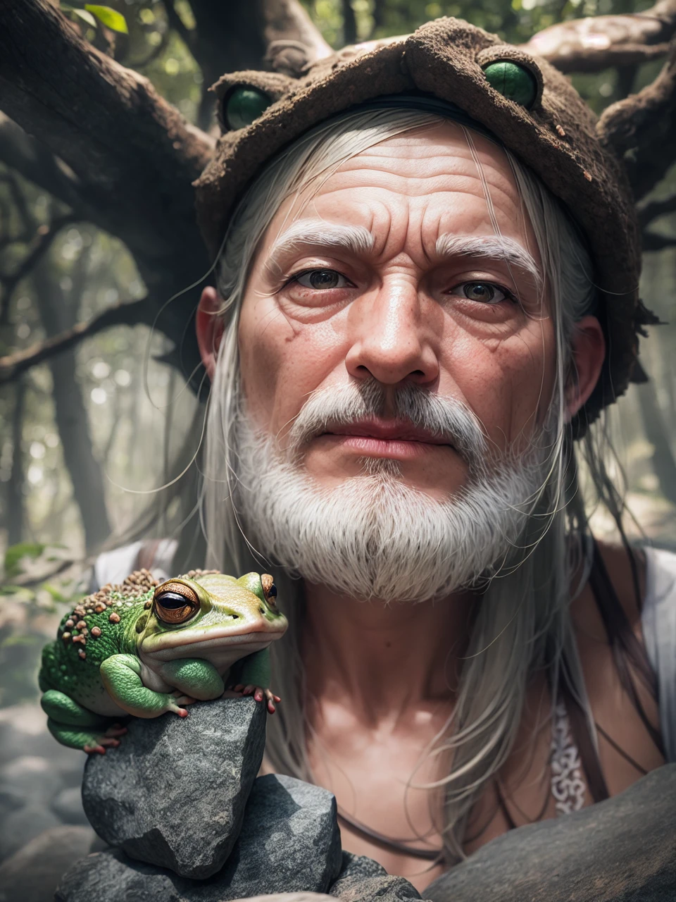 best quality,4k,highres,masterpiece:1.2,ultra-detailed,realistic:1.37,portrait,landscape,Toad Sage,wise and noble appearance,toad sitting on a rock,holding a wooden staff,old and wrinkled skin,detailed toad eyes,revealing a sense of wisdom and power,lush green forest in the background,misty atmosphere,vivid colors,natural lighting,bokeh