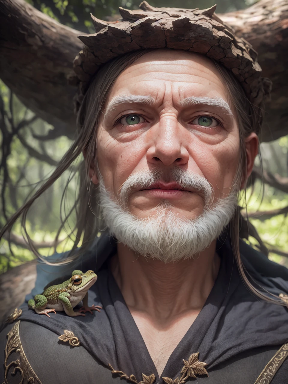 best quality,4k,highres,masterpiece:1.2,ultra-detailed,realistic:1.37,portrait,landscape,Toad Sage,wise and noble appearance,toad sitting on a rock,holding a wooden staff,old and wrinkled skin,detailed toad eyes,revealing a sense of wisdom and power,lush green forest in the background,misty atmosphere,vivid colors,natural lighting,bokeh