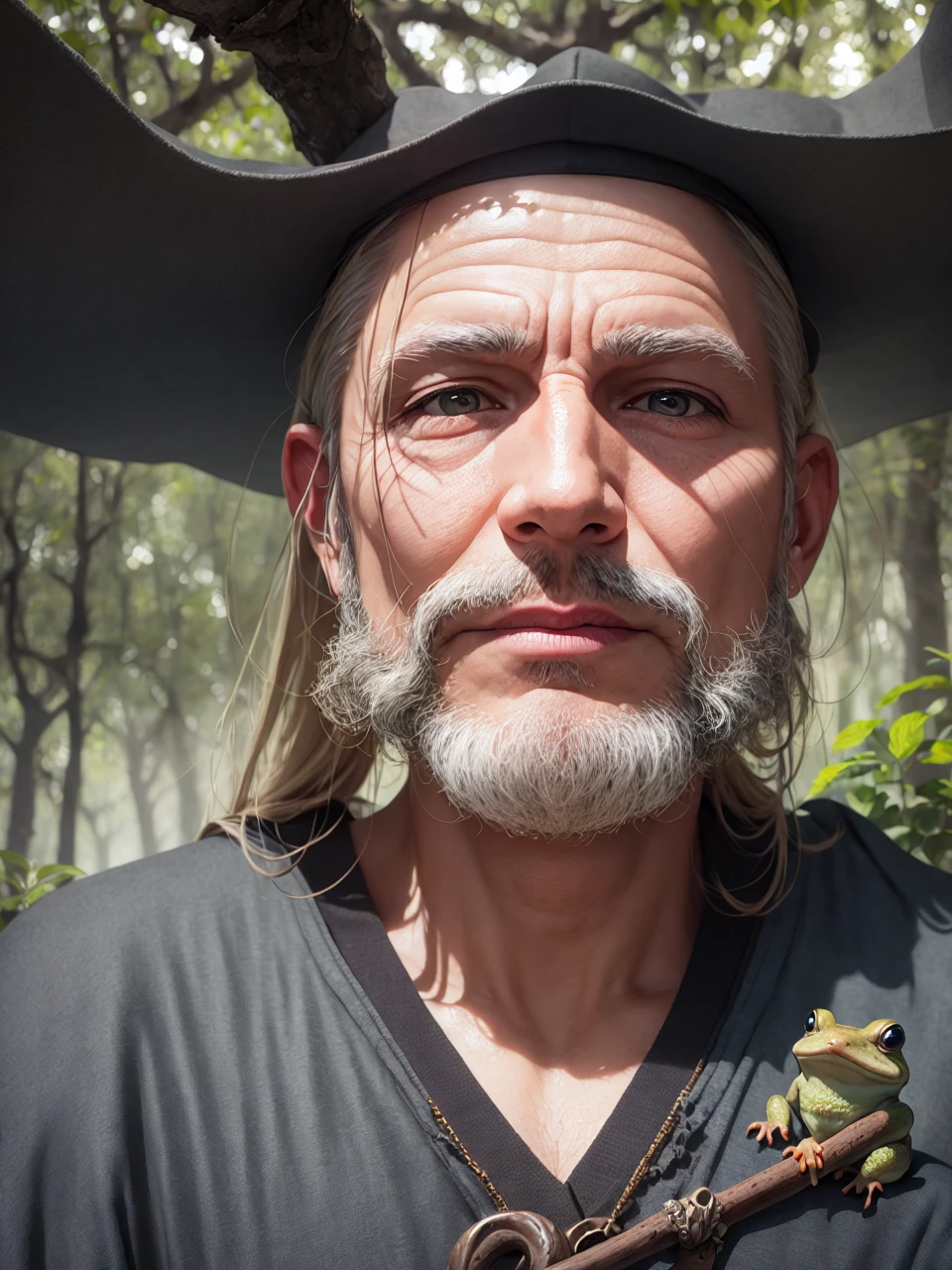 best quality,4k,highres,masterpiece:1.2,ultra-detailed,realistic:1.37,portrait,landscape,Toad Sage,wise and noble appearance,toad sitting on a rock,holding a wooden staff,old and wrinkled skin,detailed toad eyes,revealing a sense of wisdom and power,lush green forest in the background,misty atmosphere,vivid colors,natural lighting,bokeh