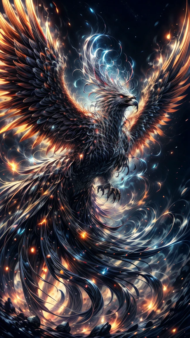 Masterpiece, best quality, high resolution, highly detailed, 1 man, perfect face, long white hair ( light in the hair), with purple eyes ( glowing eyes ), wearing a Phoenix armor, silver watch, light skinned, ceimson pheonix wings on his back( wings on fire), flame wings, surrounded by the splendors of the universe, pay attention to stunning details, and achieve a resolution of 64k, floating in a dynamic pose, high quality, with a majestic aura of authority, swirling flames.