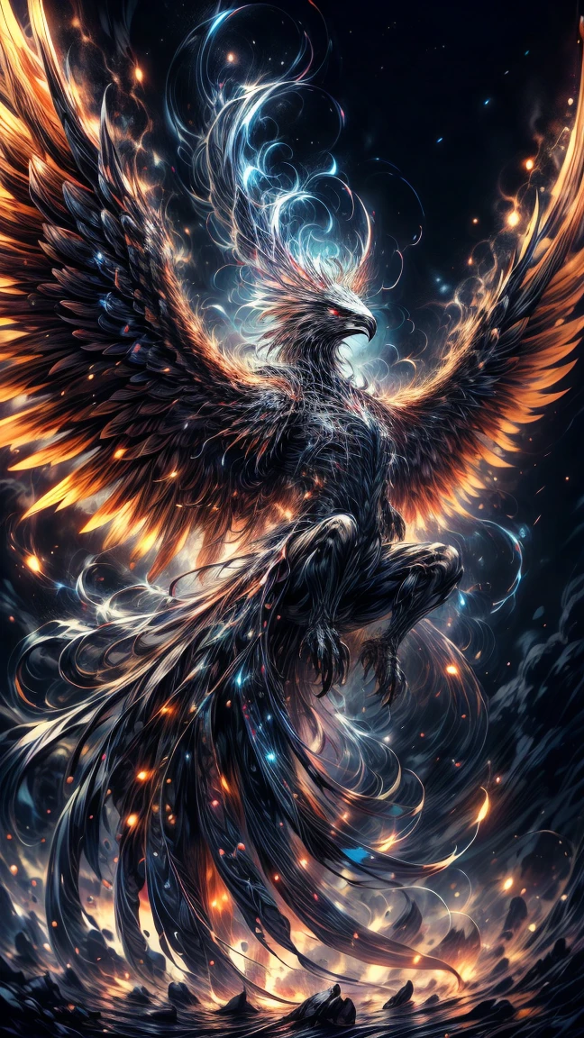 Masterpiece, best quality, high resolution, highly detailed, 1 man, perfect face, long white hair ( light in the hair), with purple eyes ( glowing eyes ), wearing a Phoenix armor, silver watch, light skinned, ceimson pheonix wings on his back( wings on fire), flame wings, surrounded by the splendors of the universe, pay attention to stunning details, and achieve a resolution of 64k, floating in a dynamic pose, high quality, with a majestic aura of authority, swirling flames.