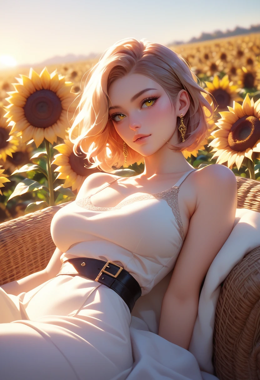 Art prints of black and,A cold woman and cat,With vibrant eyes,Lounging on a sunflower field under a golden sunset,Creates a combination of warm tones and organic textures,Imaginative printmaking style
