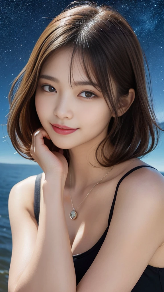 (Highest quality、High resolution、masterpiece:1.3)、Tall and pretty woman、Big ample breasts、Dark brown hair,Scattered wavy、Medium Breast、Wear a pendant、abdomen、Short pants、(Background coast)、Exquisite expression of facial and skin texture details、Detailed eyes、double eyelid、A light smile、Upper Body、Short fine hair、Starry Sky、Put your arms behind your head、Saggy eyes、