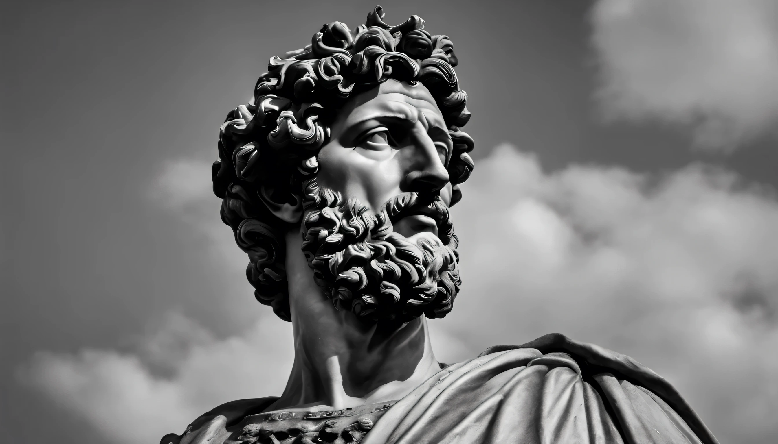 a portrait statue of the stoic Marcus Aurelius in black and white 4K,Face lateral, super realistic wallpaper