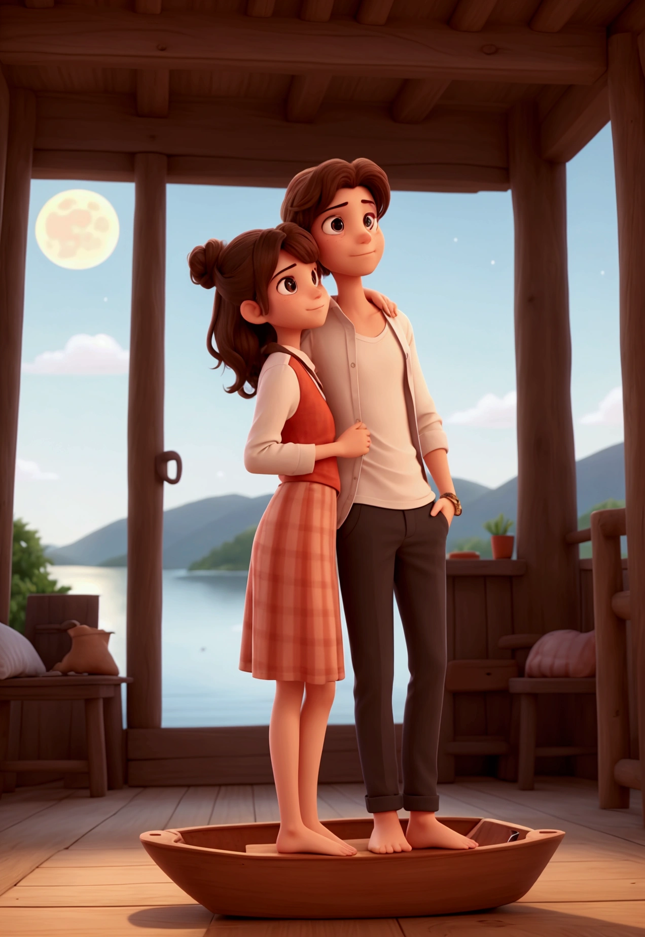 In a Disney Pixar 3D style
A serene and clear night, with the full moon shining brightly in the sky, reflecting its silvery light on the calm waters of a lake. The couple is on a small wooden raft floating gently in the middle of the lake, with dark, misty mountains in the background.
The sky is dotted with twinkling stars that add a magical touch to the atmosphere.
The woman:
She has brown hair tied into a loose bun, with a few loose strands framing her face.
She wears a red shirt with long sleeves, rolled up to the elbows, and a long, flowing black skirt that moves gracefully in the breeze.
She looks at her partner tenderly, holding the hem of her skirt with one hand, while her other hand gently holds his hand.
He has slightly disheveled black hair, complementing his casual and elegant look.
He wears a white shirt with the sleeves rolled up to the elbows along with black pants.
He is barefoot, just like her, and holds her hand firmly, looking at her with a look full of love and affection.
The couple is in an intimate and romantic moment, dancing barefoot on the wooden raft. Their steps are smooth and synchronized, as if they were in perfect harmony.
The closeness between them and the looks they exchange convey a deep and genuine love, as if time had stopped just for them.