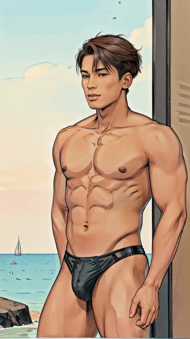 Masculine Asian Men Male, Masculine Men, dark ash brown cool tone, nude, mesh micro thong bikini, ash grey dark hair, buzz cut hairstyle, pink skin color undertone skin, he showing off his body, full body portrait from head to feet show off, full body portait head to feet, comic artstyle 2D.