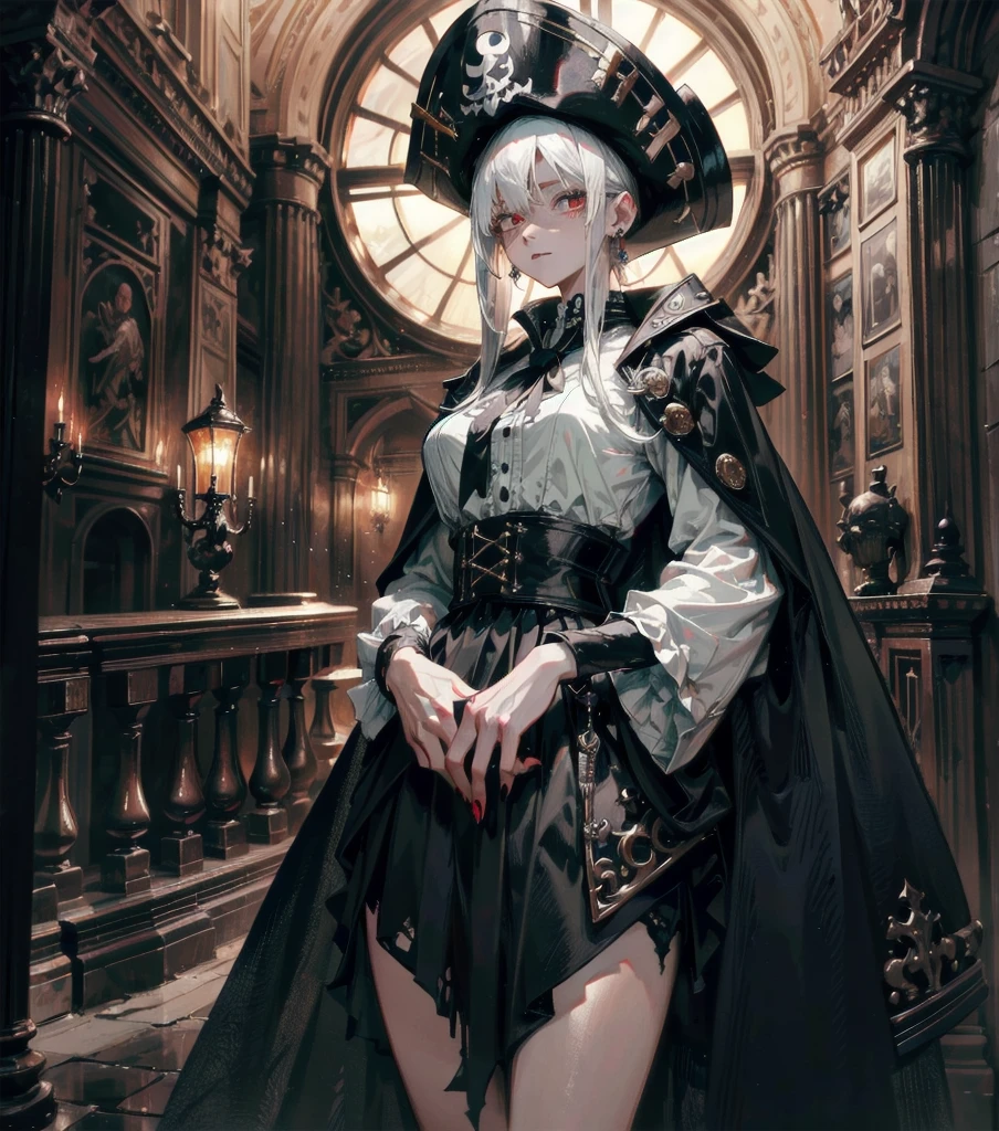absurdres, RAW photo, extremely delicate and beautiful, masterpiece, Best Quality, ultra high resolution, 32k, hyperrealistic, ultra-detailed, Very detailed CG 8k wallpaper, detailed background, landscape, Beautiful Lighting, Perfect Lightning, Realistic Shadows, perfect anatomy, anatomically correct, perfect figure, Perfect Style, Perfect balance, super Detailed skin, in her 30s, very Slim body, narrow waist, very small head, very small face, delicate facial features, handsome detailed woman, very detailed eyes and face, realistic face proportions, Realistic beautiful face, Realistic beautiful eyes, tearful mole, earring, whole body shot, very huge round tits, medium hair, asymmetrical hair, indoor, Practical pirate clothing, Long-sleeved pirate top, Skirt, torn pirate hat, white hair, green eyes, blood, vampiric, red eyes, fangs, black cape, long fingernails, Pistol,