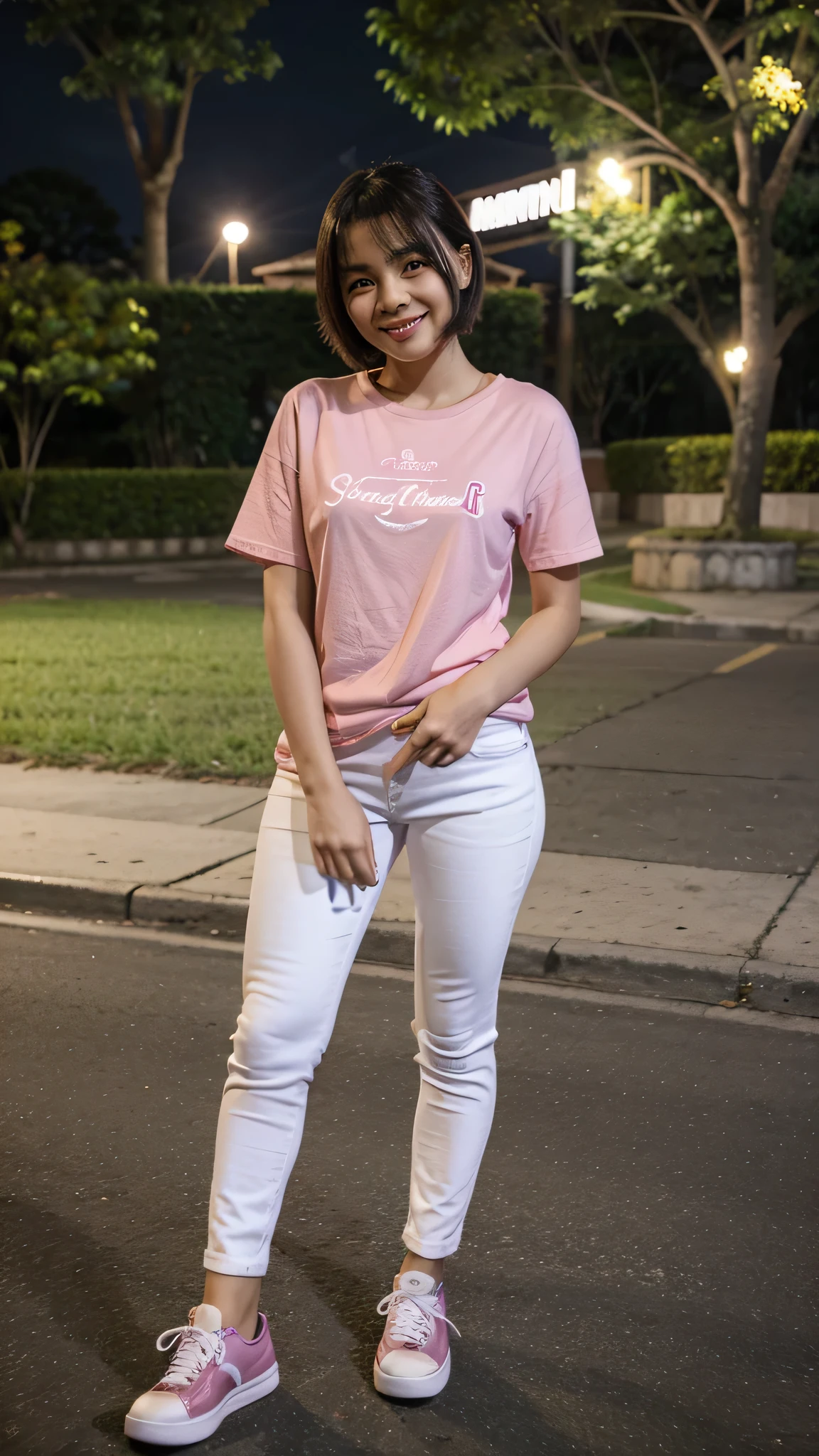 A 25 year old filipina girl wearing a pink tshirt and white jeans and sneakers、smile、Short haircut the background is night and koraen park.