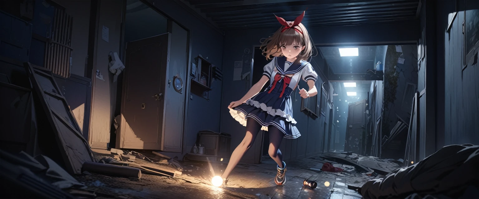 (Highest quality,4K,High resolution),Very detailed,Realistic, Japanese , Looks scared, Long brown hair,mysterious, Ecomodernism, Bokeh, Ribbon Headband,Small breasts,Futuristic Sailor ta Dress,Puff sleeves,White and blue,Colorful lighting, Red ribbon, Dark blue pantyhose,Sports boots, Have a flashlight, Walking alone through a haunted abandoned house, At night, Low Light, darkness, Very detailed, 4K. Blue tights, tumble, Fall down