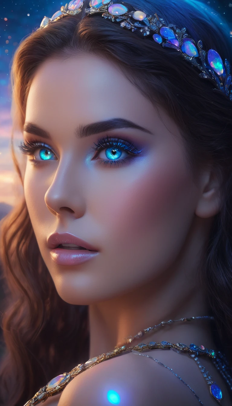 masterpiece, Ultra hot gorgeous euro woman , Age 25, blue eyes high detail, beautiful eyes glow, highly detailed face, The same eyes, Bright glare, Rainbow color, global illumination, soft light, dream light, digital painting, 8 K, Fantasy, night sky, stars, nebula, golden crystal, Moonlight, Serenity, summer,  black lace lingerie (8 K:1.1)
