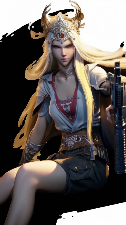 Best quality,masterpiece,ultra high res,(photorealistic:1.4)1girl,white background,solo,blood,arm guards,male focus,looking at viewer,black eyes,tabi,floating hairfull body,, (gun:1.3), holding gun, dirty blonde,,upper body,cargo shorts,sitting,