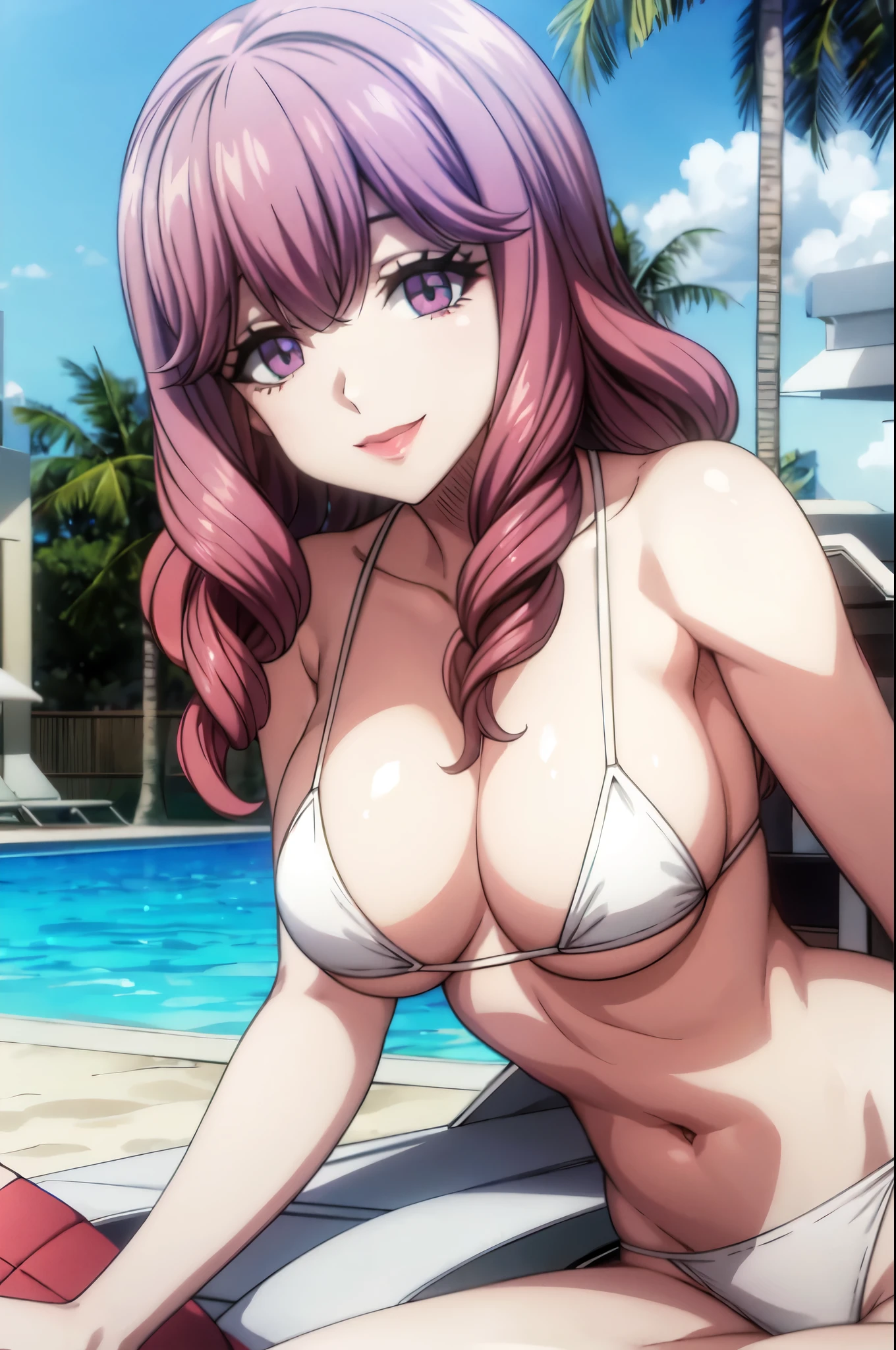 perfect eyes:1.2, detailed eyes:1.4, lying on beach chair, pool, smile, medium hair, official art, Kurayoshi_R, micro bikini, white bikini, large breasts, cocktails, 1girl,(masterpiece:1.6, best quality),