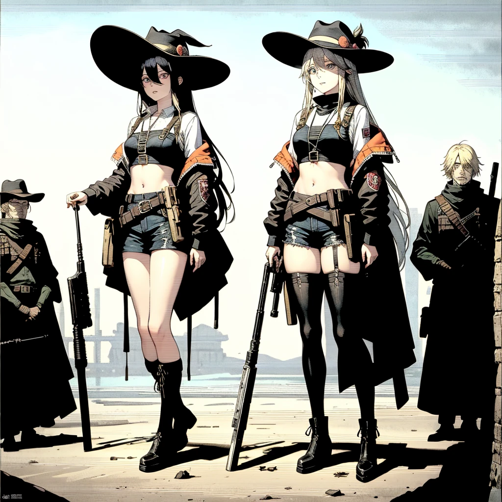 Highest quality、masterpiece、Official Art、The best configuration、western hat、Western Boots、White bustier、hot pants、Gun hanging from waist、Wind、Deep Focus,Absurd、Detailed eyes and face、He threatened Hideo.、 Grim Reaper&#39;s Scythe、Ride a futuristic flying vehicle、17277fbe68,dark,