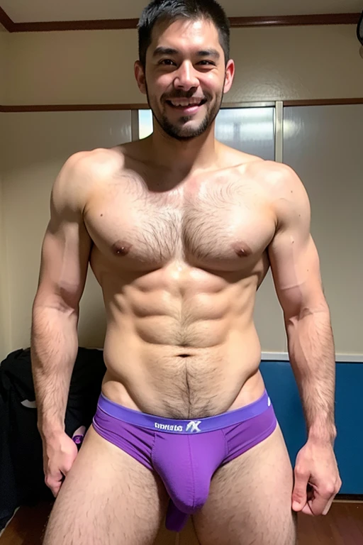 Physical education teacher, inappropriate smile, big penis, young, attack, Japanese male, pervert, naked, muscular, short hair, hairy, no beard, purple underwear, love hotel