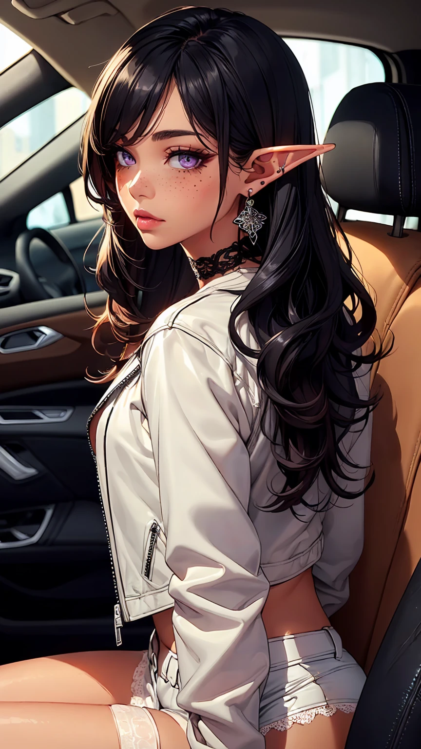 ((Best quality)), ((masterpiece)), (detailed: 1.3)
Beautiful woman, one girl, very detailed eyes, very detailed hair, very detailed clothes, very detailed face, 20 years old girl
((Purple eyes)), ((black hair, long wavy hair, long side bangs)), ((elf ears)), heart earrings, piercing, tanned skin, ((white leather jacket)), ((white lace bralette)), ((white leather shorts)), large breasts, cleavage, thick ass, choker, heart necklace, beautiful eyelashes, eyeliner, sultry eyes, juicy lips, soft blush, smooth skin, freckles, natural eyebrows.
Posing sexily, provocative, looking at viewer, in love with viewer, cinema lighting, sitting, car, backseat.