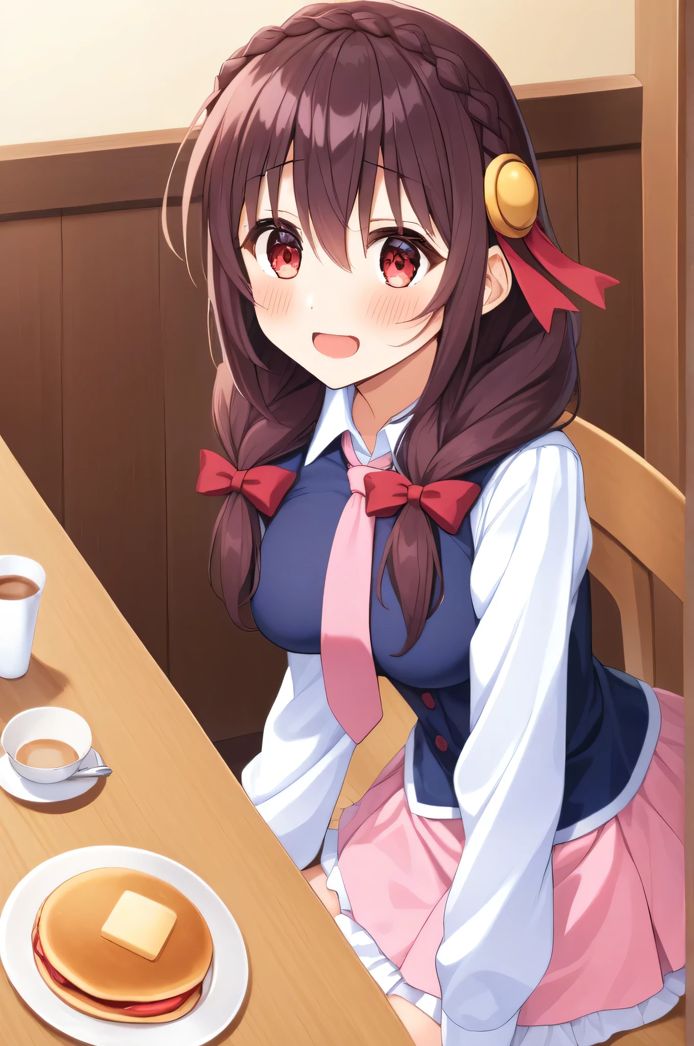 alone, One girl, Yunyun, (A dreamy look:1.5)、(blush:1.5)、 (I'm in tears)、(Drool with open mouth)、View your viewers, Crown braids of the same color as your hair, Red Eyes、hair ornaments, Hair Ribbon, Pink tie, Long sleeve, Pink Skirt, Knee socks, Cleavage, Sitting on a sofa in a cafe、Pancakes on the table