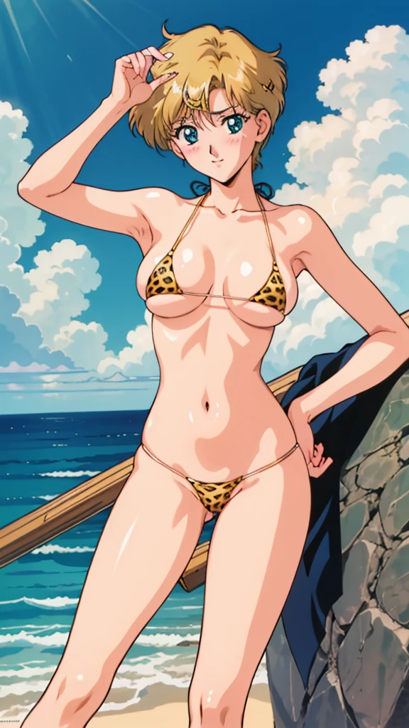 Browsing Caution, 1990s \(style\), retro artstyle, 1990s anime cels style, Highest quality, High resolution, Ocean,Mature Woman,Aqua Eye, blonde, Leopard print micro bikini,blush, Embarrassing,Tennou Haruka.(Sexy pose)