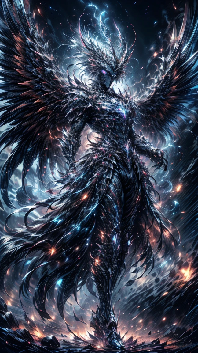 Masterpiece, best quality, high resolution, highly detailed, 1 man, perfect face, long white hair ( light in the hair), with purple eyes ( glowing eyes ), wearing a Phoenix armor, silver watch, light skinned, ceimson pheonix wings on his back( wings on fire), flame wings, surrounded by the splendors of the universe, pay attention to stunning details, and achieve a resolution of 64k, floating in a dynamic pose, high quality, with a majestic aura of authority, swirling flames.